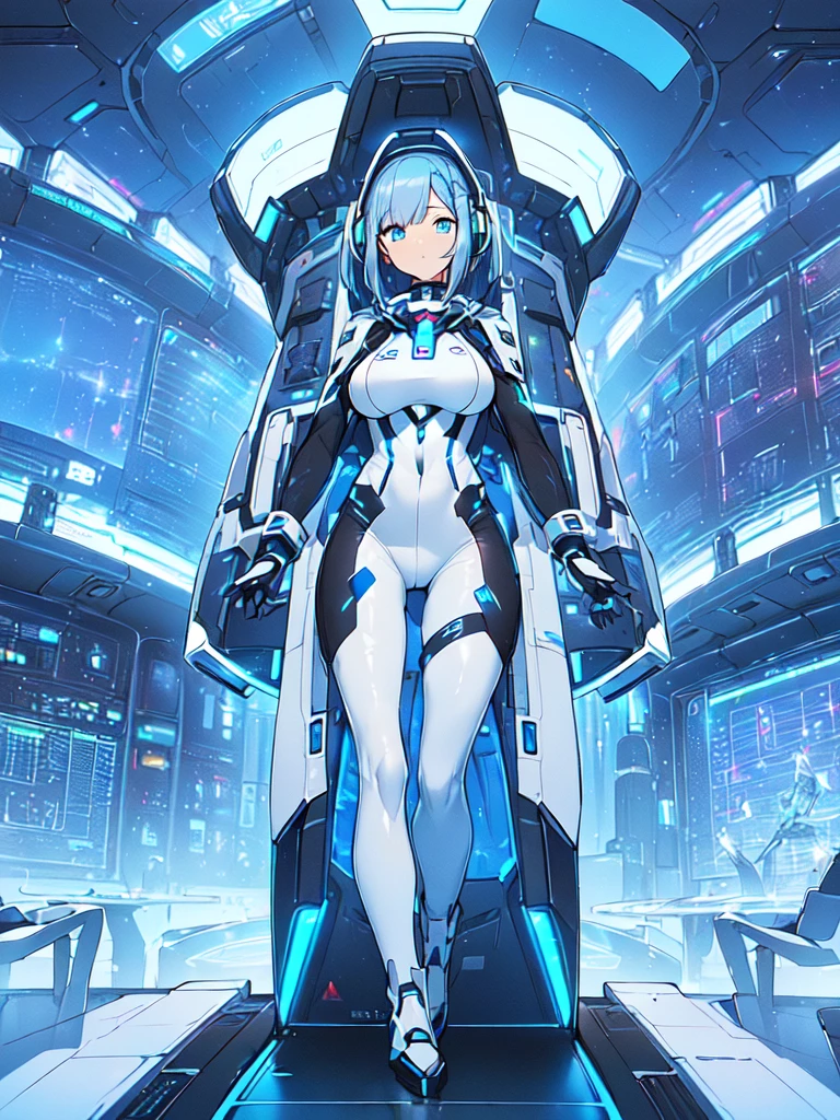 ​masterpiece:1.4, 1girl in ((20yr old, Wearing a futuristic white and silver costume, Tight Fit Bodysuit, long boots, Very gigantic-breasts, Colorful blue hair, a short bob, Perfect model body, Blue eyes:1.2, Wearing headphones, Looking out the window of the futuristic sci-fi space station、While admiring the beautiful galaxy:1.2, SFSF control room on night background:1.1, Neon and energetic atmosphere:1.2)) ((Galaxy))