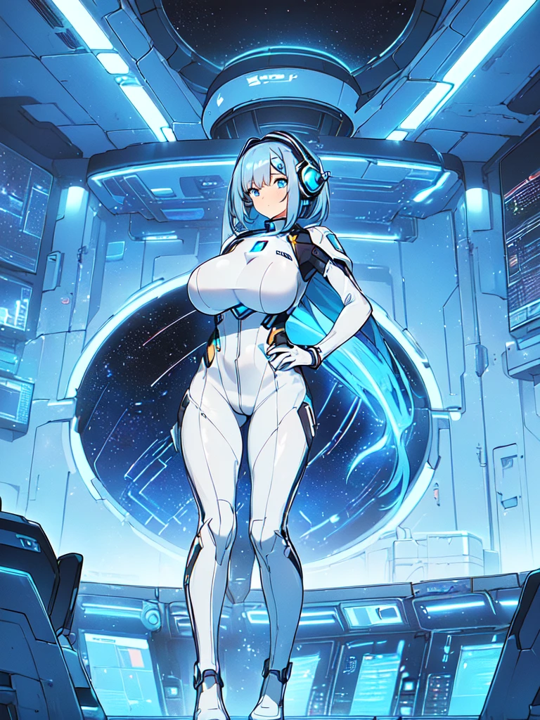 ​masterpiece:1.4, 1girl in ((20yr old, Wearing a futuristic white and silver costume, Tight Fit Bodysuit, long boots, Very gigantic-breasts, Colorful blue hair, a short bob, Perfect model body, Blue eyes:1.2, Wearing headphones, Looking out the window of the futuristic sci-fi space station、While admiring the beautiful galaxy:1.2, SFSF control room on night background:1.1, Neon and energetic atmosphere:1.2)) ((Galaxy))