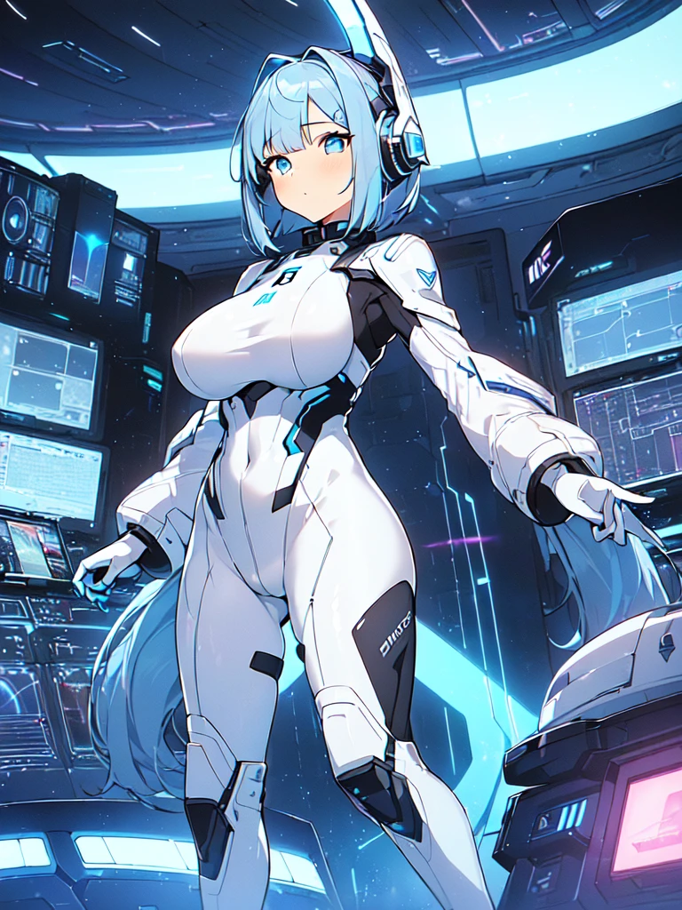 masterpiece:1.4, 1girl in ((20yr old, Wearing a futuristic white and silver costume, Tight Fit Bodysuit, long boots, Very gigantic-breasts, Colorful blue hair, a short bob, Perfect model body, Blue eyes:1.2, Wearing headphones, Looking out the window of the futuristic sci-fi space station、While admiring the beautiful galaxy:1.2, SFSF control room on night background:1.1, Neon and energetic atmosphere:1.2)) ((Galaxy))