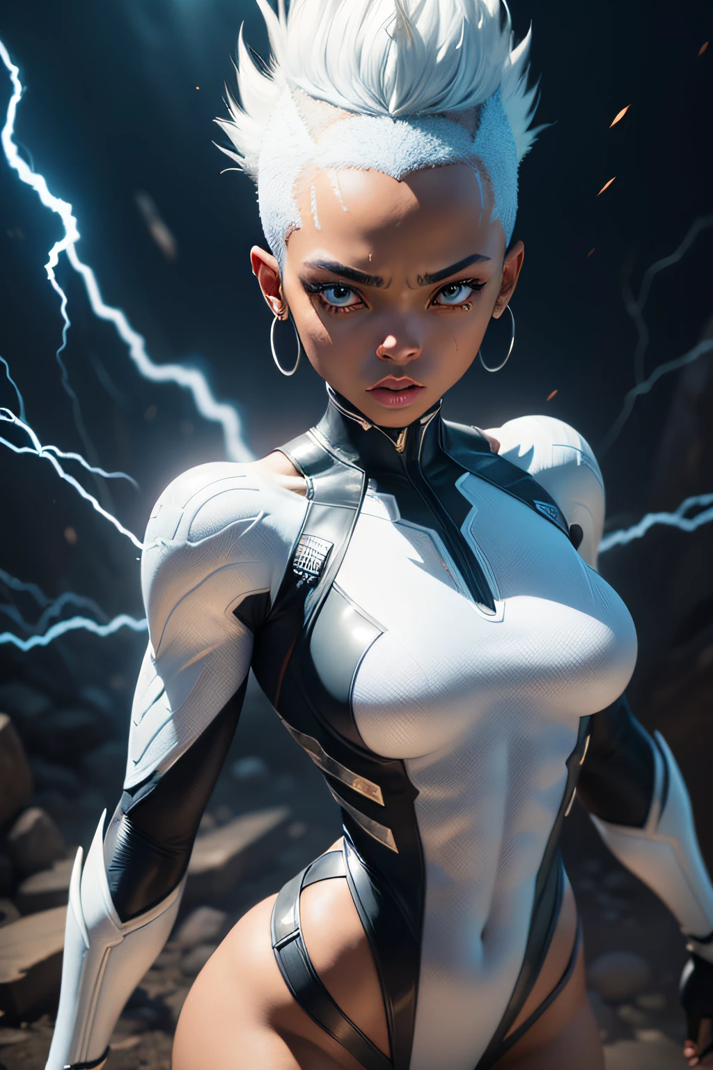 Superhero Storm from X-Men, african girl, white hair mohawkhaircut, shaven sides of the head, white glowing eyes, wlieding lightning, combat stance, highly detailed, vibrant appearance, creative behavior, extremly detailed, imaginative, sensual, spontaneous, highest quality, skin texture, intricate details, (cinematic lighting), RAW photo, 8k, masterpiece,best quality,ultra-detailed,very detailed illustrations,extremely detailed,intricate details,highres,super complex details,extremely detailed 8k cg wallpaper,