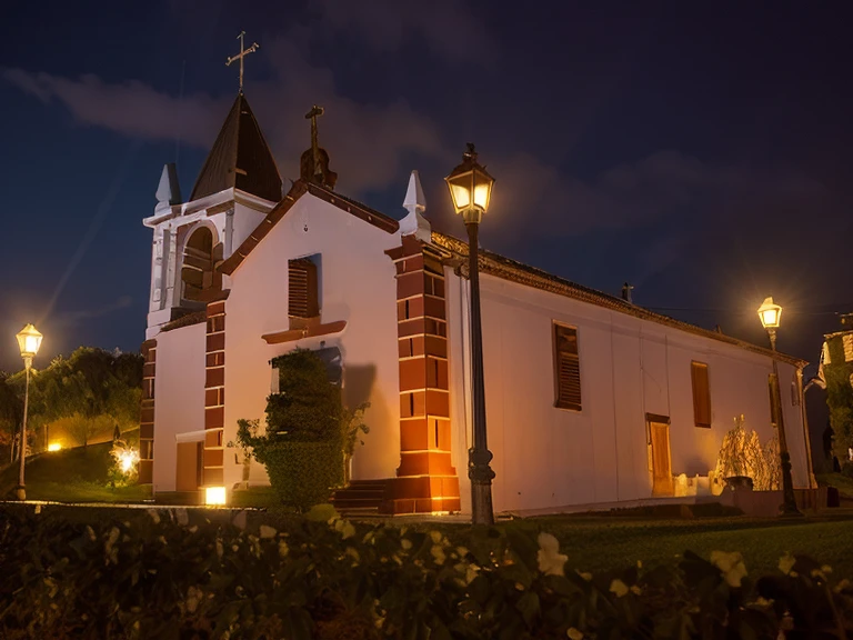 there is a white church with a clock tower and a lamppost, igreja, bispo do rosario, vista externa, monastery, vista Fora, visto de fora, rosalia vila i tobella, Arrendajo em Avila Pinewood, fora, vista frontal, vista frontal, idade, Completo - Vista, aldeia, igreja na madeira, catedral da igreja