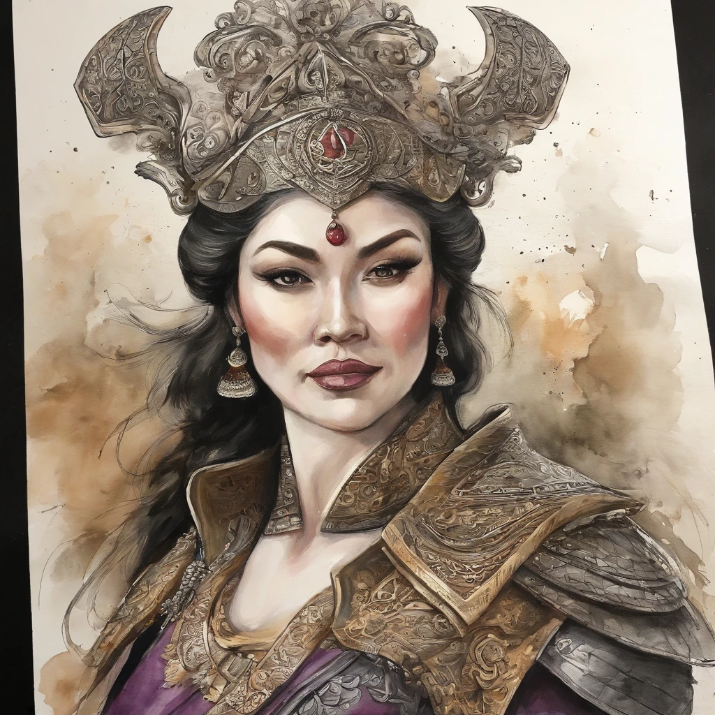 The majestic female general,slimfigure,Ripe and full,exciting huge boobs,Sexy slender legs,no excess flesh,Wear purple gelcoat,A Japanese sword hangs from his waist,With a bow and arrow on his back,Wearing Japanese armor,The brilliance of motherhood almost overflows,Always with a kind expression,cabelos preto e longos