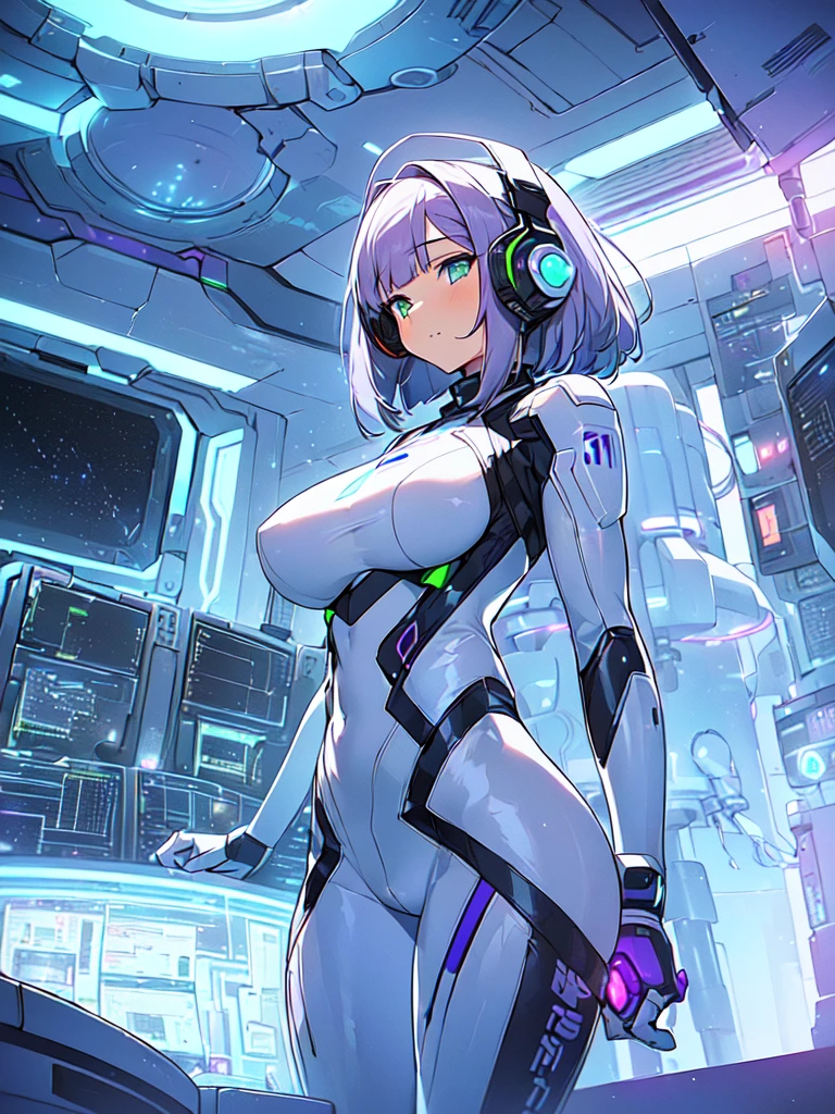 masterpiece:1.4, 1girl in ((20yr old, Wearing a futuristic white and silver costume, Tight Fit Bodysuit, long boots, Very gigantic-, (Colorful purple hair,):1.3 short bob, Perfect model body, Green eyes:1.2, Wearing headphones, Looking out the window of the futuristic sci-fi space station、While admiring the beautiful galaxy:1.2, SFSF control room on night background:1.1, Neon and energetic atmosphere:1.2)) ((Galaxy))