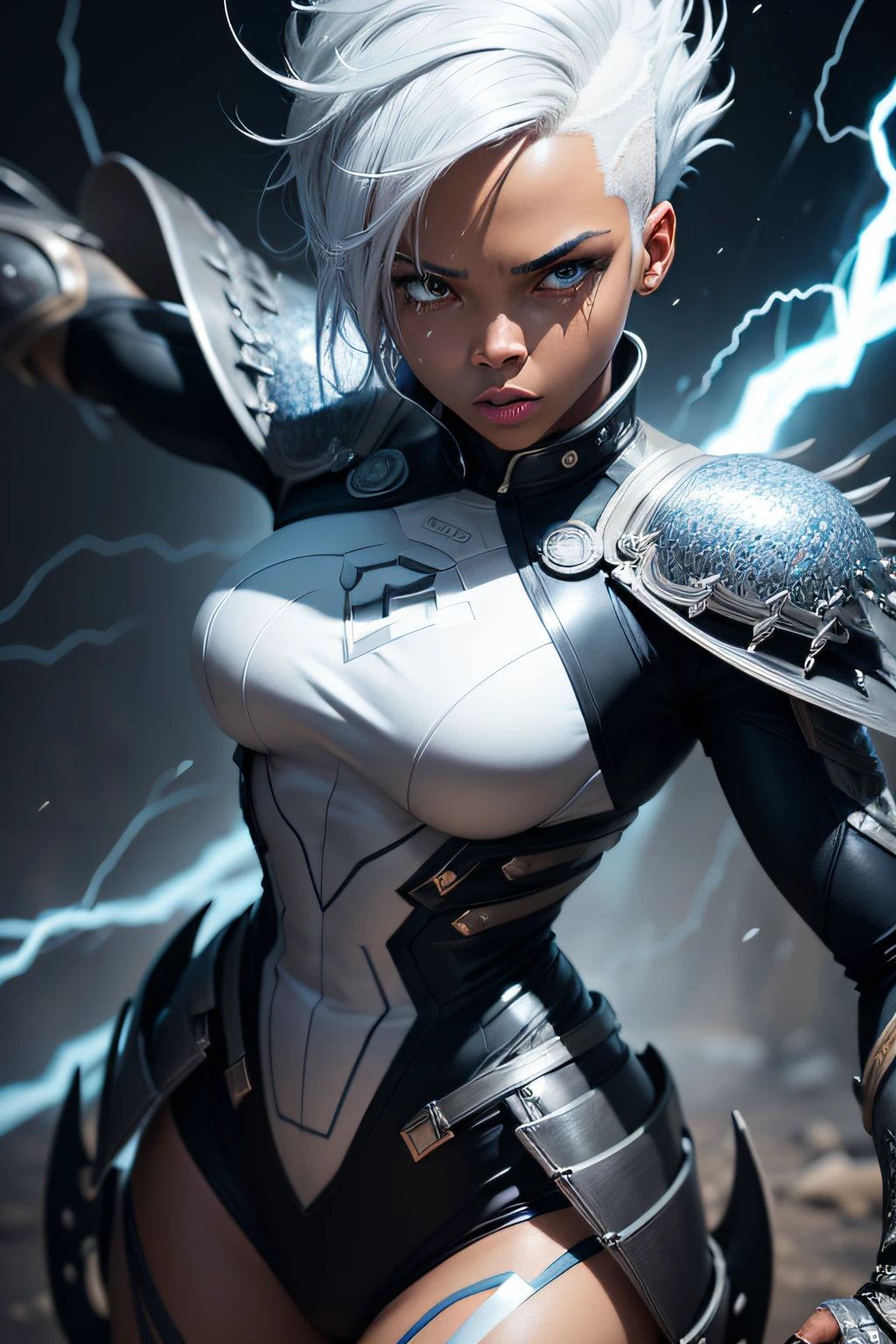 girl with short white hair and dark black skin, superhero Storm from X-Men, controlling lightning, combat stance, highly detailed, vibrant appearance, creative behavior, imaginative, , spontaneous, small , sexi, raling, naked breanude, quality,n texture, intricate details, (cinematic lighting), RAW photo, 8k, masterpiece,best quality,ultra-detailed,very detailed illustrations,extremely detailed,intricate details,highres,super complex details,extremely detailed 8k cg wallpaper