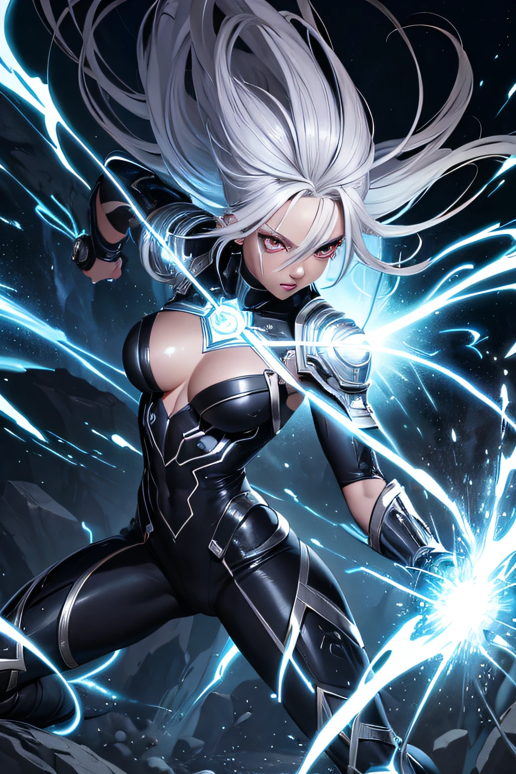Superhero Storm from X-Men, african girl, black skin, white hair mohawkhaircut, shaven sides of the head, white glowing eyes, wlieding lightning, combat stance, highly detailed, vibrant appearance, creative behavior, extremly detailed, imaginative, sensual, spontaneous, highest quality, skin texture, intricate details, (cinematic lighting), RAW photo, 8k, masterpiece,best quality,ultra-detailed,very detailed illustrations,extremely detailed,intricate details,highres,super complex details,extremely detailed 8k cg wallpaper,