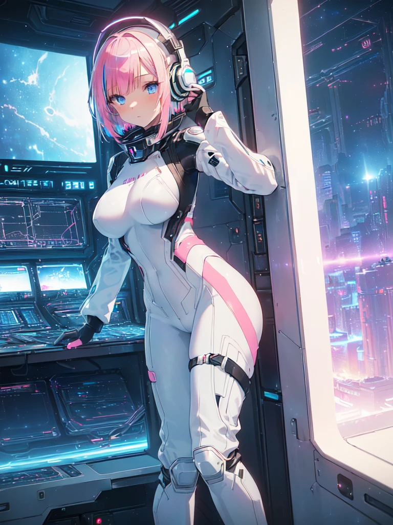 girl spacepunk,(((1girl))),((beautiful girl with cute pink hair)),

(large breasts:1.4),saggy breasts,((pink hair,pink messy hair,colored inner hair,short hair:1.5,absurdly short unkempt hair:1.35,short pink hair,ear breathing,intricate cut hair,((short hair tied up)))),(((pink_eyes:1.3))),intricate eyes,beautiful detailed eyes,symmetrical eyes,((fat)),(((lustrous skin:1.5,bright skin: 1.5,skin tanned,shiny skin,very shiny skin,shiny body,plastic glitter skin,exaggerated shiny skin,illuminated skin,wet legs))),(spider lower abdomen,narrow waist,wide hip,athletic body,inflated legs,detailed body,(detailed face)),

cute,slutty,seductive,erotic,(((nsfw))),

zettai ryouiki,revealing clothing,show skin,((underboob:1.5)),(cleavage),(semi-naked,with little clothing),((tiny micro thong:1.3)),(visible thong straps:1.3),(((tiny futuristic white spandex suit,long sleeve, zipper crop suit, zipper slightly unzipped))),((heavy boots over the knee, white boots)),((micro superhero suit,military patches)),(((white clothes, white outfit, wet clothes,intricate outfit,intricate clothes))),

(dynamic pose:1.0),solo focus,embarrassed,(centered,scale to fit dimensions,Rule of thirds),

cyberpunk city by the ocean at night, with bright neon signs and dark stormy clouds and puddles, scenery:1.25,starry night, cosmos,

artistic photography,(photography taken by sldr),highres, sharp focus, (ultra detailed, extremely detailed), (photorealistic artwork:1.37),(extremely detailed CG unity 8k wallpaper),((synthwave background theme)),(((vibrant colors))),(intricate background),(masterpiece),(best quality),