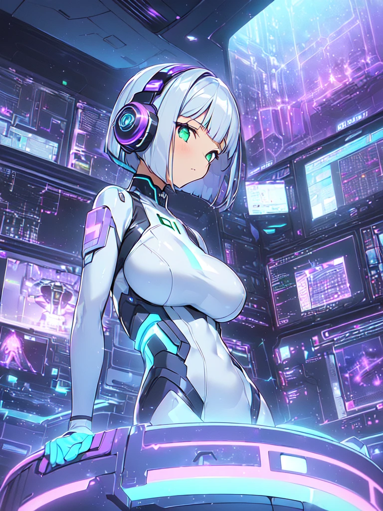 ​masterpiece:1.4, 1girl in ((20yr old, Wearing a futuristic white and silver costume, Tight Fit Bodysuit, long boots, Very gigantic-breasts, (Colorful purple hair,):1.3 short bob, Perfect model body, Green eyes:1.2, Wearing headphones, Looking out the window of the futuristic sci-fi space station、While admiring the beautiful galaxy:1.2, SFSF control room on night background:1.1, Neon and energetic atmosphere:1.2)) ((Galaxy))