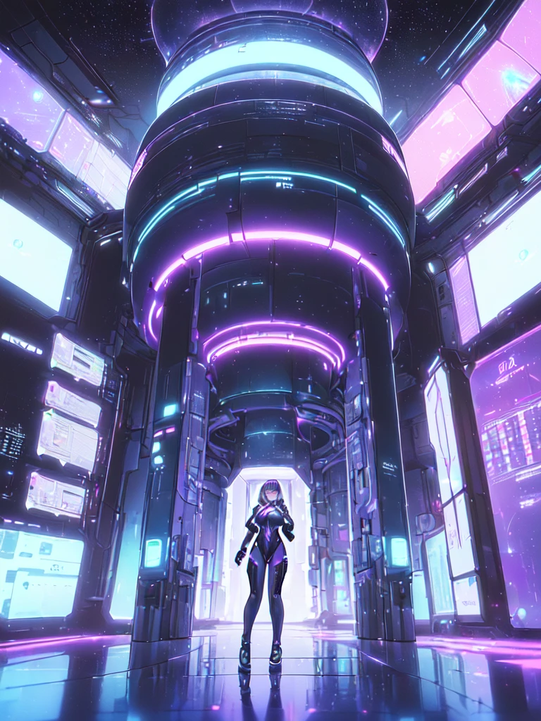 masterpiece:1.4, 1girl in ((20yr old, Wearing a futuristic white and silver costume, Tight Fit Bodysuit, long boots, Very gigantic-breasts, (Colorful purple hair,):1.3 short bob, Perfect model body, Green eyes:1.2, Wearing headphones, Looking out the window of the futuristic sci-fi space station、While admiring the beautiful galaxy:1.2, SFSF control room on night background:1.1, Neon and energetic atmosphere:1.2)) ((Galaxy))