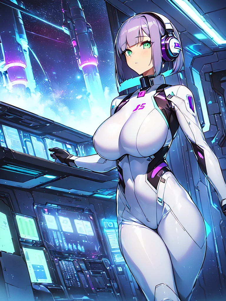 ​masterpiece:1.4, 1girl in ((20yr old, Wearing a futuristic white and silver costume, Tight Fit Bodysuit, long boots, Very gigantic-breasts, (Colorful purple hair,):1.3 short bob, Perfect model body, Green eyes:1.2, Wearing headphones, Looking out the window of the futuristic sci-fi space station、While admiring the beautiful galaxy:1.2, SFSF control room on night background:1.1, Neon and energetic atmosphere:1.2)) ((Galaxy))