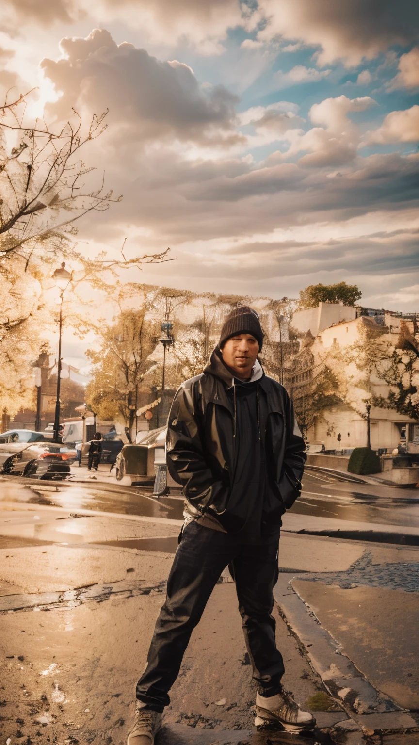 Man standing infornt of eiffel tower in france paris with rainy day 4k imag hipper realstice color dark