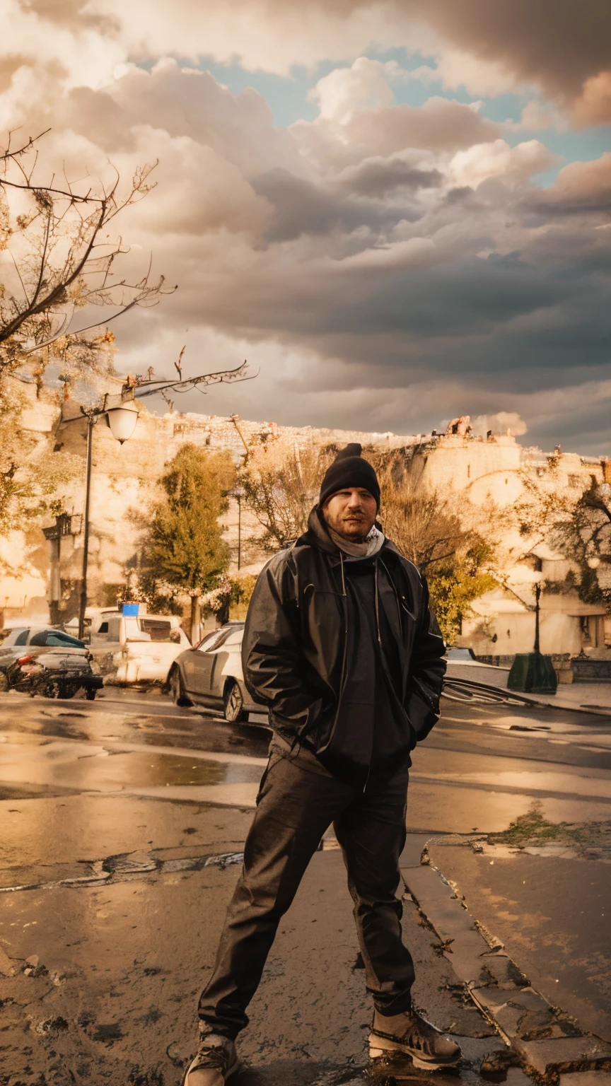 Man standing infornt of eiffel tower in france paris with rainy day 4k imag hipper realstice color dark