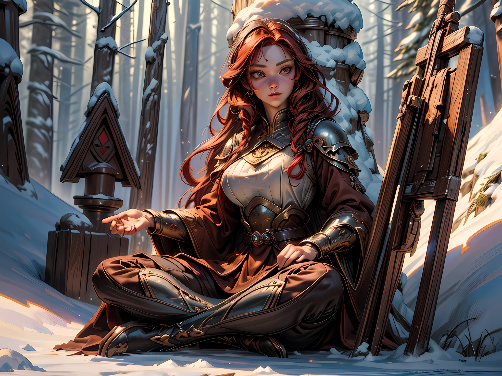 fantasy art, photorealistic, D&D art, larry elmore style, a picture of a female monk sitting cross-legged and meditating on a snowy mountain, on top of a snowy mountain there is a human woman monk wearing monk garbs, meditating near a bonfire (best details, Masterpiece, best quality :1.5) in a snowy forest (best details, Masterpiece, best quality :1.5), red hair, long hair, full body (best details, Masterpiece, best quality :1.5), ultra detailed face (best details, Masterpiece, best quality :1.5), ultra feminine (best details, Masterpiece, best quality :1.5), exquisite beautiful (best details, Masterpiece, best quality :1.5) red hair, long hair, braided hair, pale skin, blue eyes, intense eyes, ultra best realistic, best details, best quality, 16k, [ultra detailed], masterpiece, best quality, (extremely detailed), ultra wide shot, photorealism, depth of field, hyper realistic painting, 3D rendering