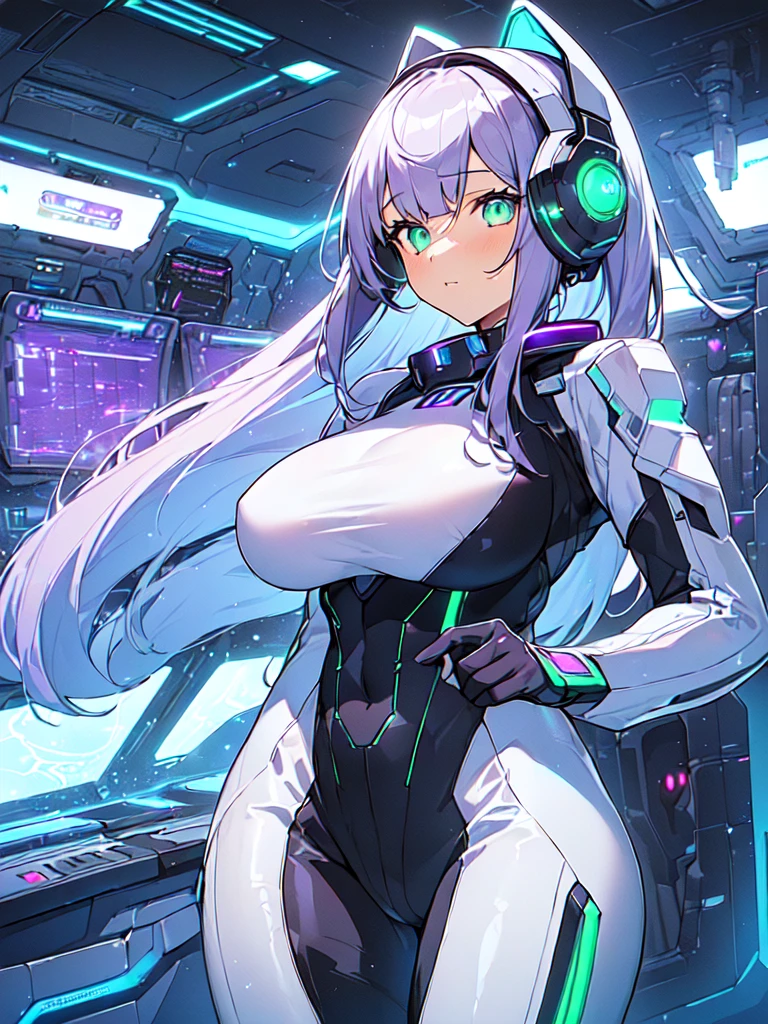 ​masterpiece:1.4, 1girl in ((20yr old, Wearing a futuristic white and silver costume, Tight Fit Bodysuit, long boots, Very gigantic-breasts, (Colorful purple hair,):1.3 short bob, Perfect model body, Green eyes:1.2, Wearing headphones, Looking out the window of the futuristic sci-fi space station、While admiring the beautiful galaxy:1.2, SFSF control room on night background:1.1, Neon and energetic atmosphere:1.2)) ((Galaxy))