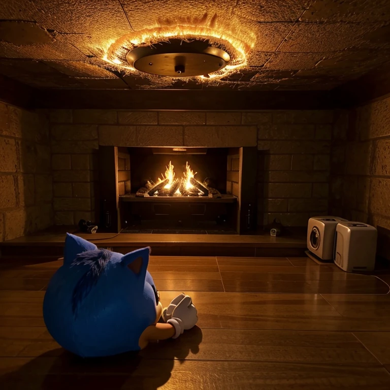 Sonic judeu dentro de uma sala pegando fogo