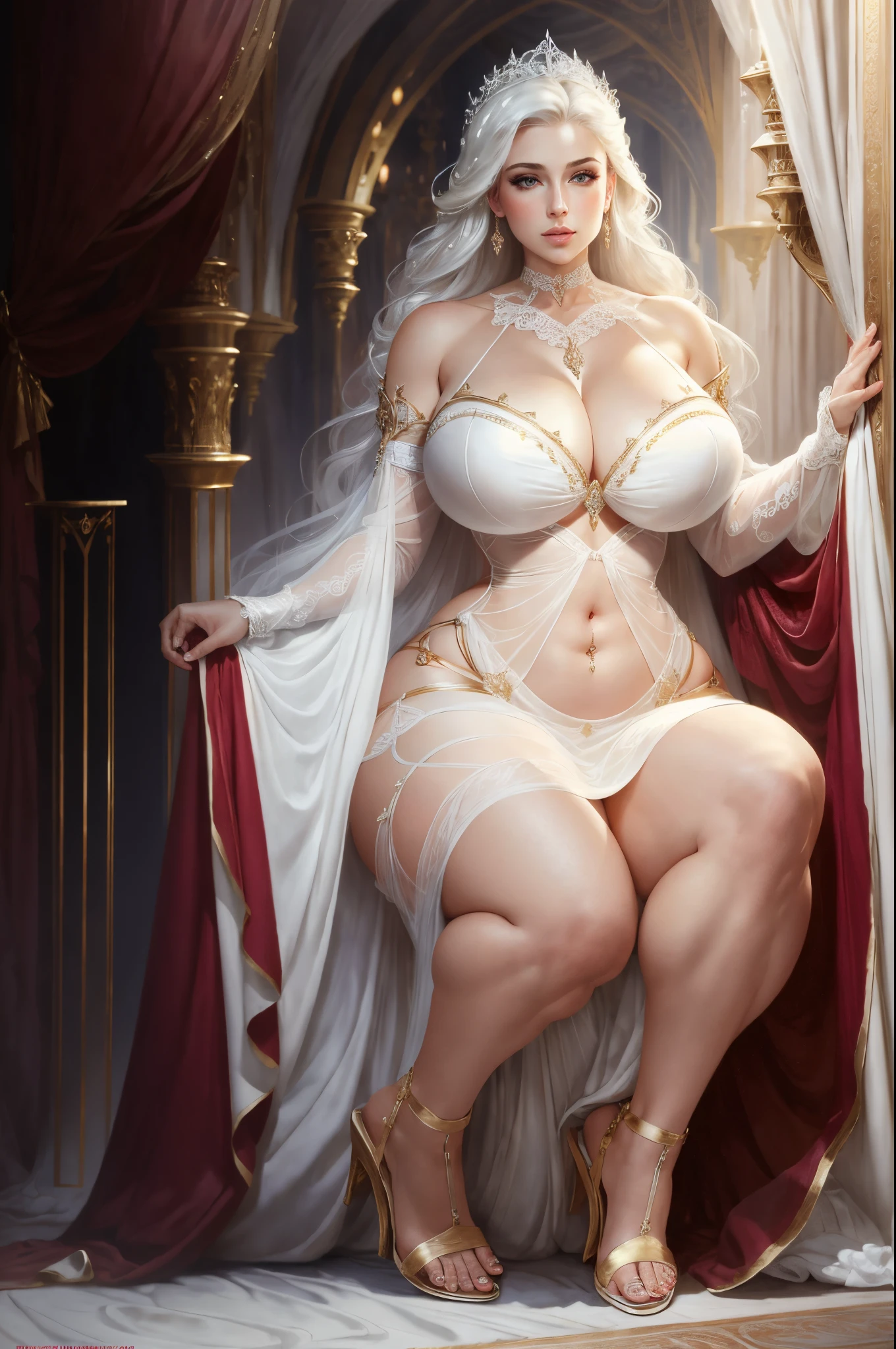 masterpiece, highest quality, (perfect face:1.1) , (high detail:1.1), dramatic, 5 girls, metal gauntlets, breasts, white hair, red eyes, cleavage, long hair, curvy, large breasts, moon, see-through, night, dress, laced dress, thighs, exposed navel with piercings, white dress, laced choker, bare shoulders, wide hips, thick thighs, lips, covered, robe, pelvic curtain, thin pelvic curtain, toned pelvis, toned hips, milky hips, navel piercings, body piercings, huge breasts, muscles, big biceps, thigh muscles, half squatting, bruised knees, white Heels, white sandals, castle, detailed background, art by artgerm and greg rutkowski, cinematic lighting