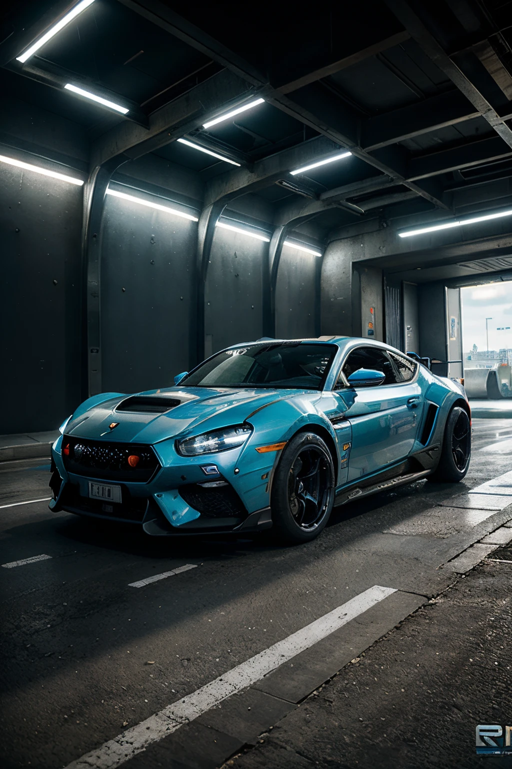 Une voiture futuriste dans le genre rolls roys version cyberpunk realiste avec logo romain comme insigne avec de fines courbes et phare octogonale