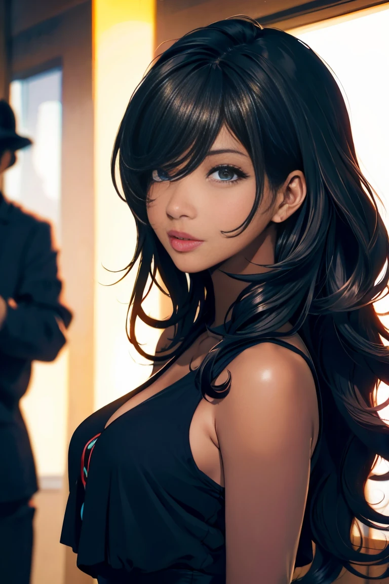 (master part),(best quality), illustration, (fantasia:1.4), olhos marcantes, mulher negra com o tom um pouco mais claro, medium wavy hair, corpo sexy, indigenous and black features with slanted eyes and a perverted nose in anime style with mob boss clothing