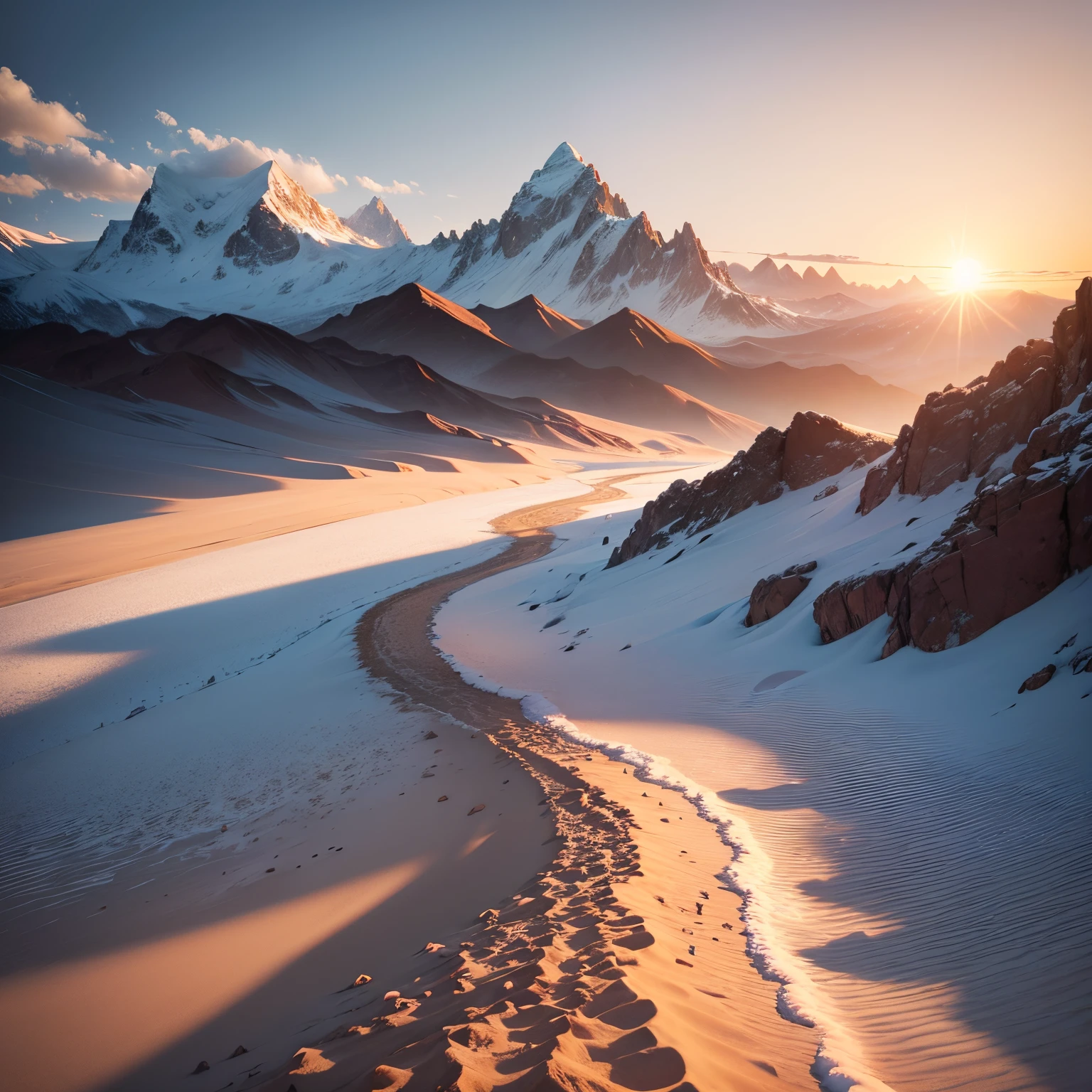 Sahara desert and snowy mountains of Peru, sand, snowflakes, white and brown colors, land and sea, sun and snow, detailed cactus, palm trees swaying in the wind, vibrant sunset over the mountain peaks, vast expanse of sand dunes, camel caravan traversing the desert, icy waterfalls cascading down the cliffs, snow-capped peaks, fluffy clouds in the sky, contrasting textures and temperatures, extreme heat and freezing cold, intricate patterns formed by the wind on the sand, jagged edges of the mountains, sparkling sunlight reflecting off the snow, serene and calm atmosphere, large waves crashing on the shore, colorful fish swimming in the clear blue sea, towering ice sculptures, traces of animal footprints in the sand, diversity of flora and fauna, vastness and grandeur of nature, hypnotizing silence interrupted only by the sound of wind and waves. 

(best quality,4k,8k,highres,masterpiece:1.2), ultra-detailed, realistic:1.37, HDR, UHD, studio lighting, extreme detail description, professional, vivid colors, sharp focus, physiologically-based rendering, portraits, landscape, contrasted color tones, dynamic lighting effects.