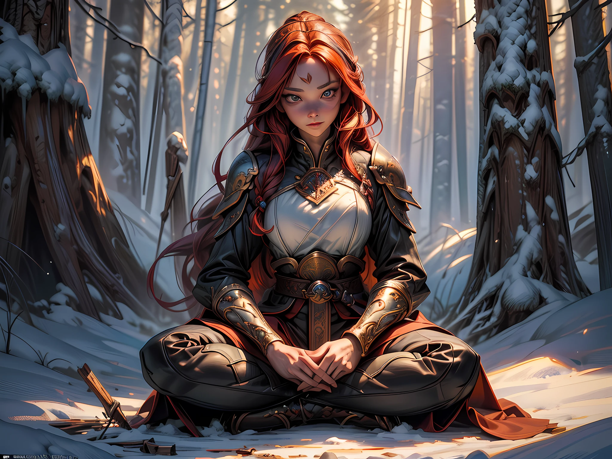 fantasy art, photorealistic, D&D art, larry elmore style, a picture of a female monk sitting cross-legged and meditating in a snowy forest, there is a human woman monk wearing monk garbs, meditating near a bonfire blue fire (best details, Masterpiece, best quality :1.5) in a snowy forest (best details, Masterpiece, best quality :1.5), red hair, long hair, full body (best details, Masterpiece, best quality :1.5), ultra detailed face (best details, Masterpiece, best quality :1.5), ultra feminine (best details, Masterpiece, best quality :1.5), exquisite beautiful (best details, Masterpiece, best quality :1.5) red hair, long hair, braided hair, pale skin, blue eyes, intense eyes, ultra best realistic, best details, best quality, 16k, [ultra detailed], masterpiece, best quality, (extremely detailed), ultra wide shot, photorealism, depth of field, hyper realistic painting, 3D rendering