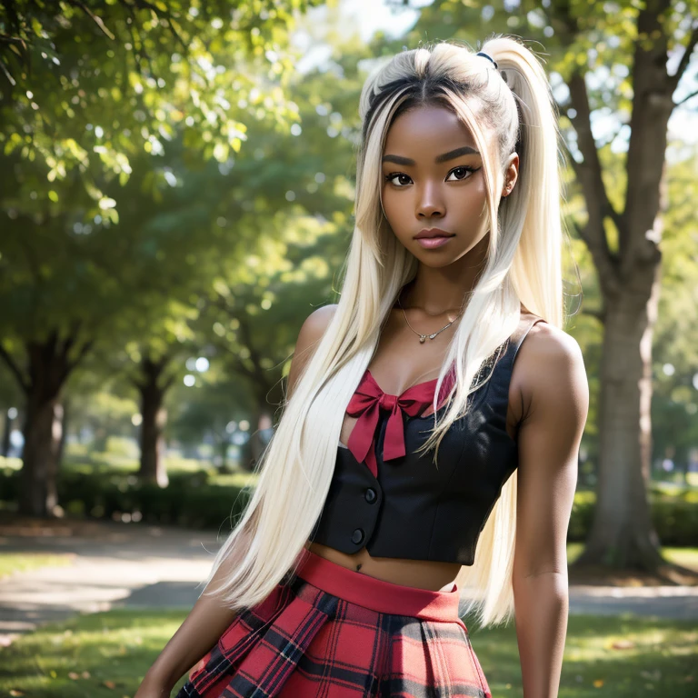 solo ((full shot)) of an attractive (( blasian dark brown skin young woman ))she is beautiful and petite wearing a ((white blonde hair )) ash blonde hairstyle dark brown skin girl )) cute ((plaid red skirt and black vest )) on a petite woman ((lifelike skin texture)) ((very detailed image )) she has a petite figure ((stunning eyes and a sharp nose)) perfect face shape ((blonde white hair))UHD, a Masterpiece,Realistic textures,(( hyper-realistic)), 8k, photorealistic, XT3 grain,Fujifilm ((standing alone at a park)) ((blasian ))