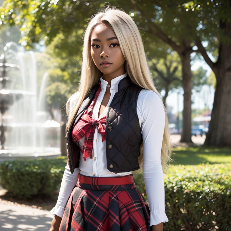 solo ((full shot)) of an attractive (( blasian dark brown skin young woman ))she is beautiful and petite wearing a ((white blonde hair )) ash blonde hairstyle dark brown skin girl )) cute ((plaid  red skirt and black vest ))  on a petite woman ((lifelike skin texture)) ((very detailed image )) she has a petite figure ((stunning eyes and a sharp nose)) perfect face shape ((blonde white hair))UHD, a Masterpiece,Realistic textures,(( hyper-realistic)), 8k, photorealistic, XT3 grain,Fujifilm ((standing alone at a park)) ((blasian ))