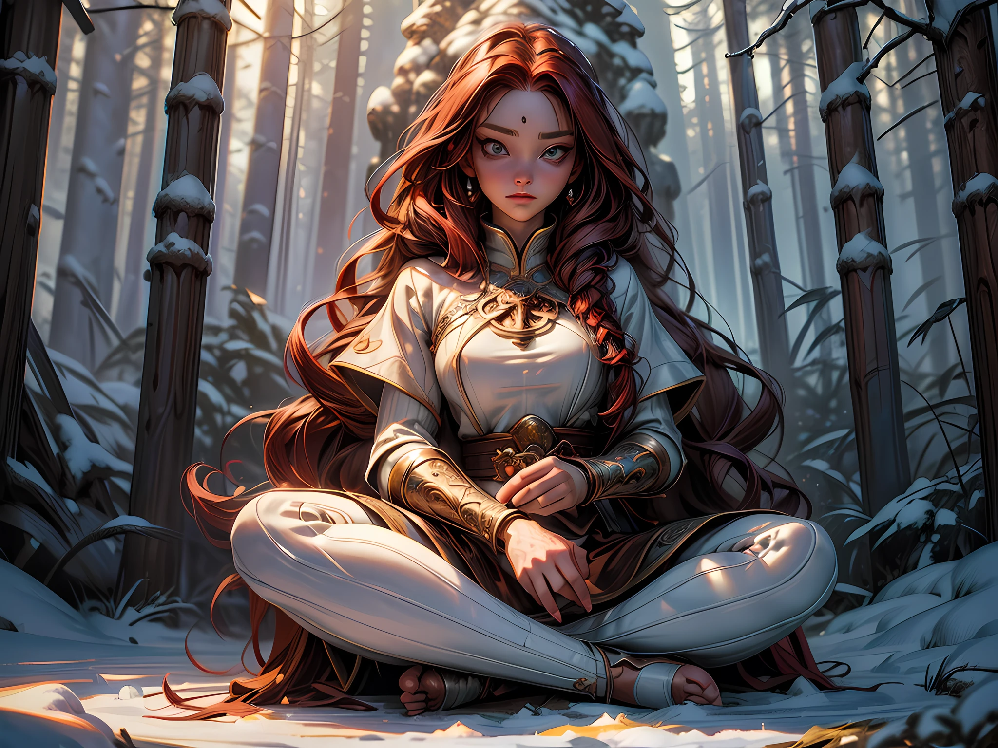 fantasy art, photorealistic, D&D art, larry elmore style, a picture of a female monk sitting cross-legged and meditating in a snowy forest, there is a human woman monk wearing monk garbs, meditating near a bonfire blue fire (best details, Masterpiece, best quality :1.5) in a snowy forest (best details, Masterpiece, best quality :1.5), red hair, long hair, full body (best details, Masterpiece, best quality :1.5), ultra detailed face (best details, Masterpiece, best quality :1.5), ultra feminine (best details, Masterpiece, best quality :1.5), exquisite beautiful (best details, Masterpiece, best quality :1.5) red hair, long hair, braided hair, pale skin, blue eyes, intense eyes, ultra best realistic, best details, best quality, 16k, [ultra detailed], masterpiece, best quality, (extremely detailed), ultra wide shot, photorealism, depth of field, hyper realistic painting, 3D rendering