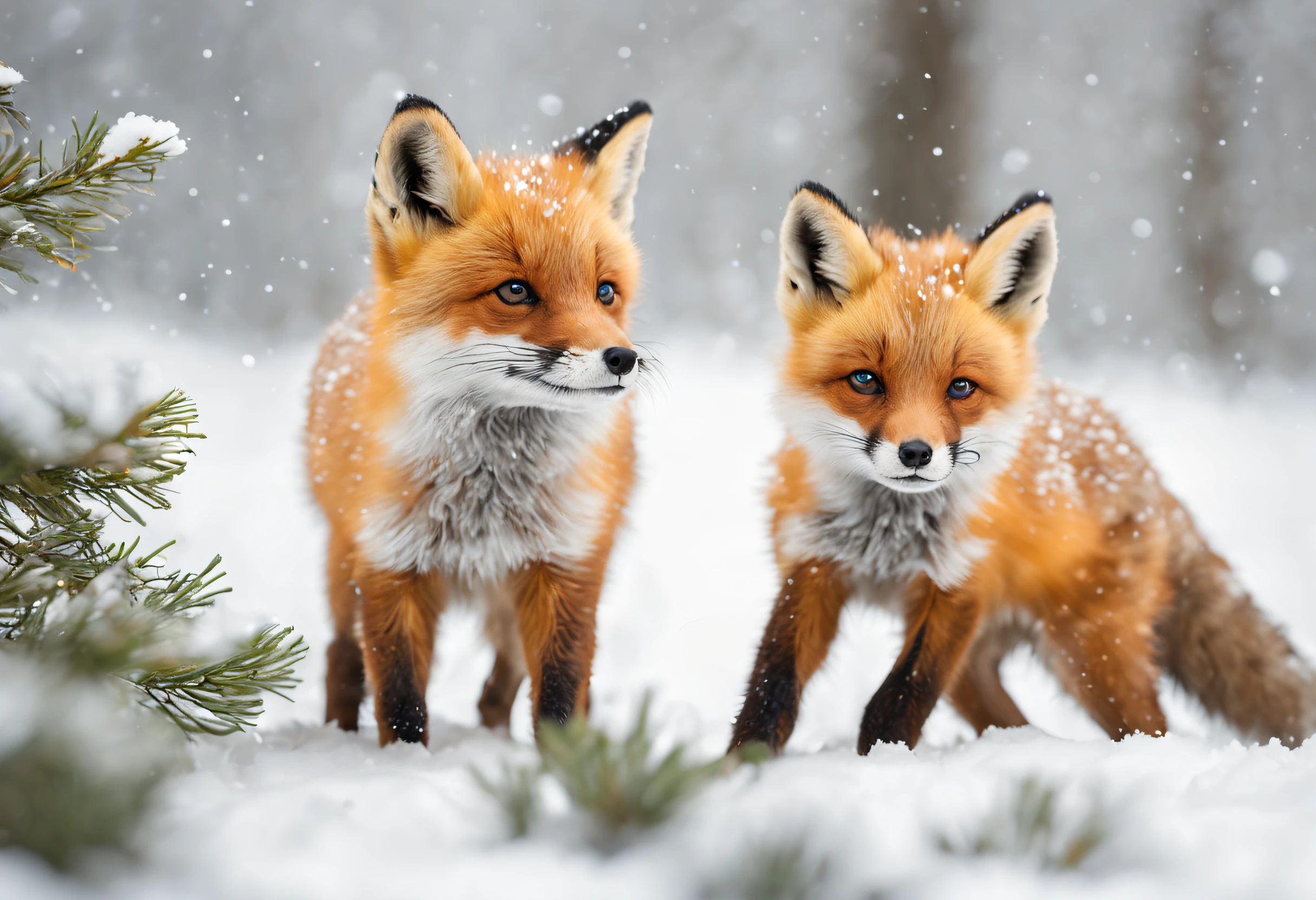 (best quality,4k,8k,highres,masterpiece:1.2),ultra-detailed,(realistic,photorealistic,photo-realistic:1.37),two baby foxes playing in the snow,soft furry bodies,round adorable eyes,cute bushy tails,freshly fallen snow,sparkling white landscape,playful jumps and rolls,delicate snowflakes falling gently,icy breath in the air,winter wonderland,cheerful and energetic,subtle hints of blue and gray,soft golden sunlight peeking through the trees,crisp winter air,natural and organic setting,frozen footprints in the snow,whiskers twitching with excitement,dainty paw prints on the ground,playful interaction between the foxes,chubby little bellies,snow-covered pine trees,icy branches glistening,subtle sounds of crunching snow,peaceful and serene atmosphere,whimsical and enchanting scene