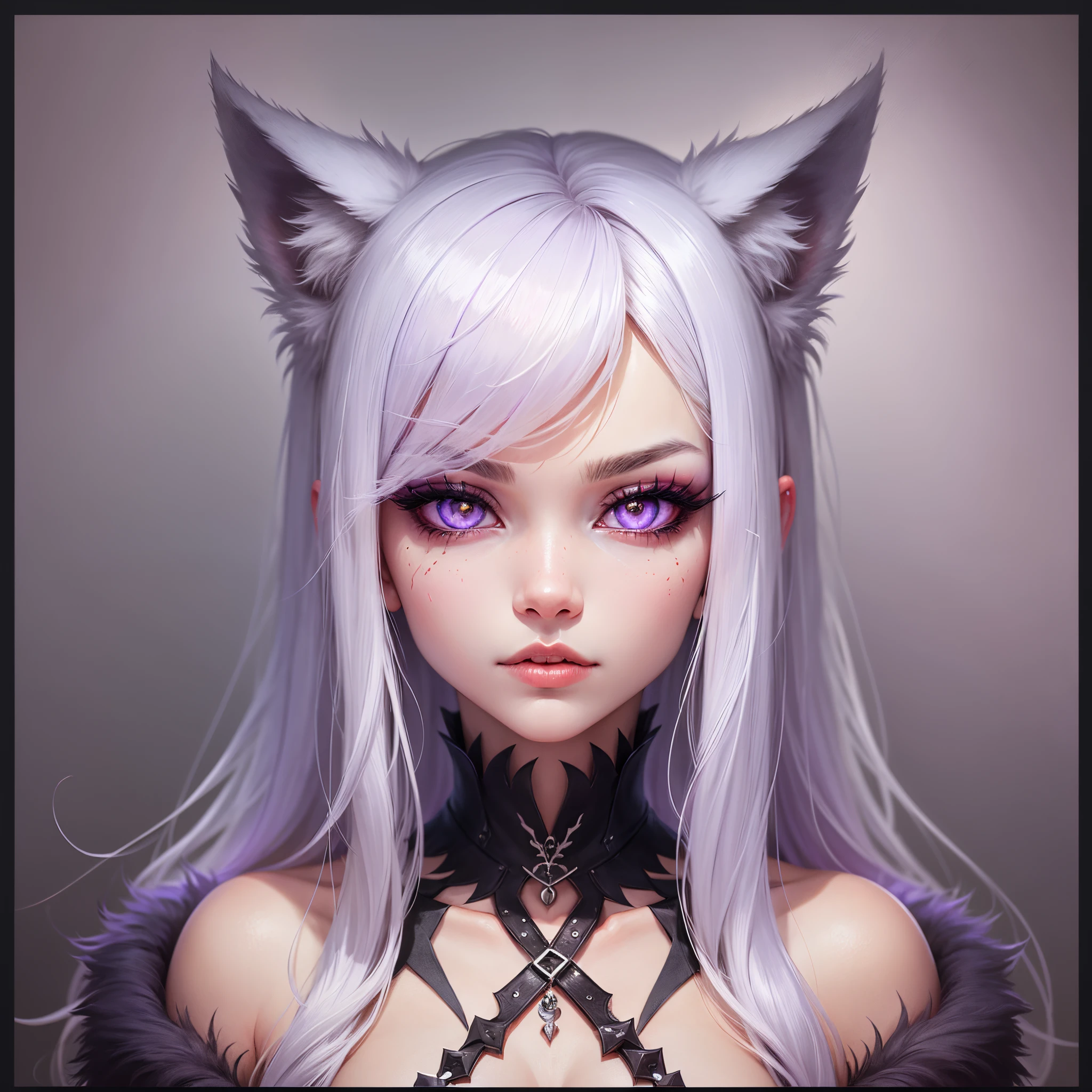 female body wolf, purple fur, long silver claws, arms outstretched, howl humain face, black skin, pink eyes, pink lips, prominent silver canine --auto --s2