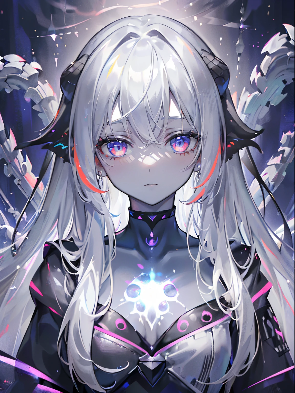 (masterpiece,best quality,ultra-detailed),1girl,beautiful and detailed face, detailed eyes,looking at viewer, multicolored eyes,((grey theme),pale skin, glowing eyes ,in the out space,((night)),dark ambient,(monster girl),(cosmic creature girl),((interdimentional monster girl))