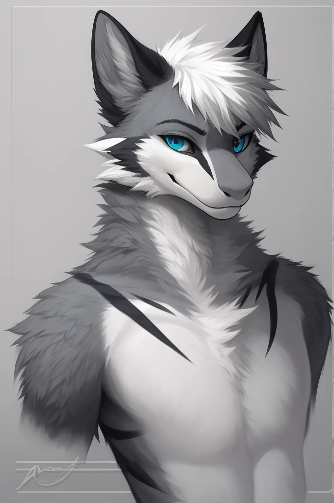 absurdres, trending on artstation, uploaded on e621, (male anthro furred dragon), (twink), fluffy, cute, solo, fullbody, detailed fur texture, (grey body fur), white belly, blue eyes, white hair, black markings, detailed markings, unique markings, detailed pupils, masterpiece artwork, solo portrait, simple_background, (digitgrade, toe claw), (kemono), by angiewolf
