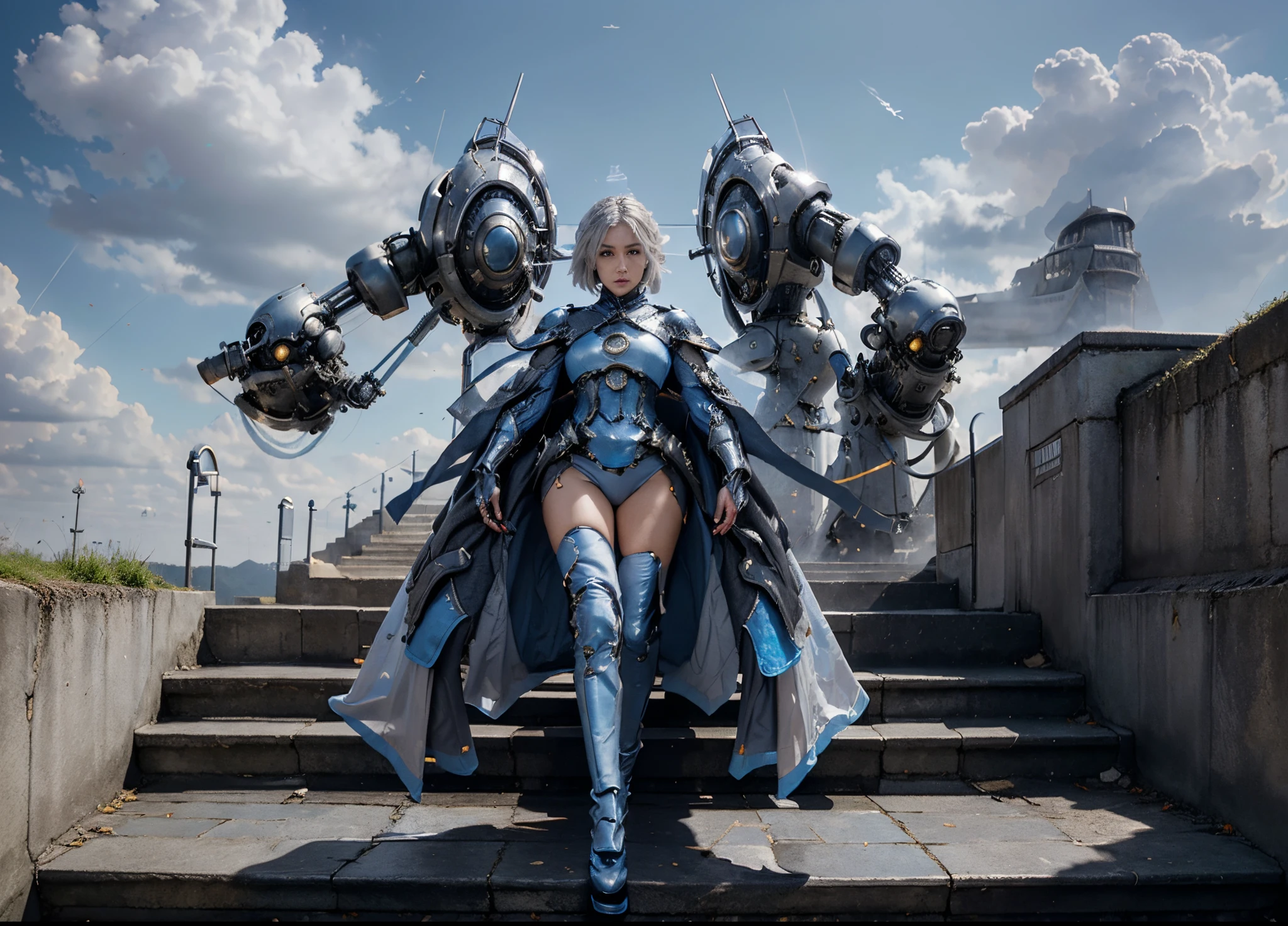 High detail, clarity, 8kk, light gray hair, short haircut, with blue sky behind, fiery steps to the sky to the throne in front, realism, fantasy, realistic, 8k, UHD,