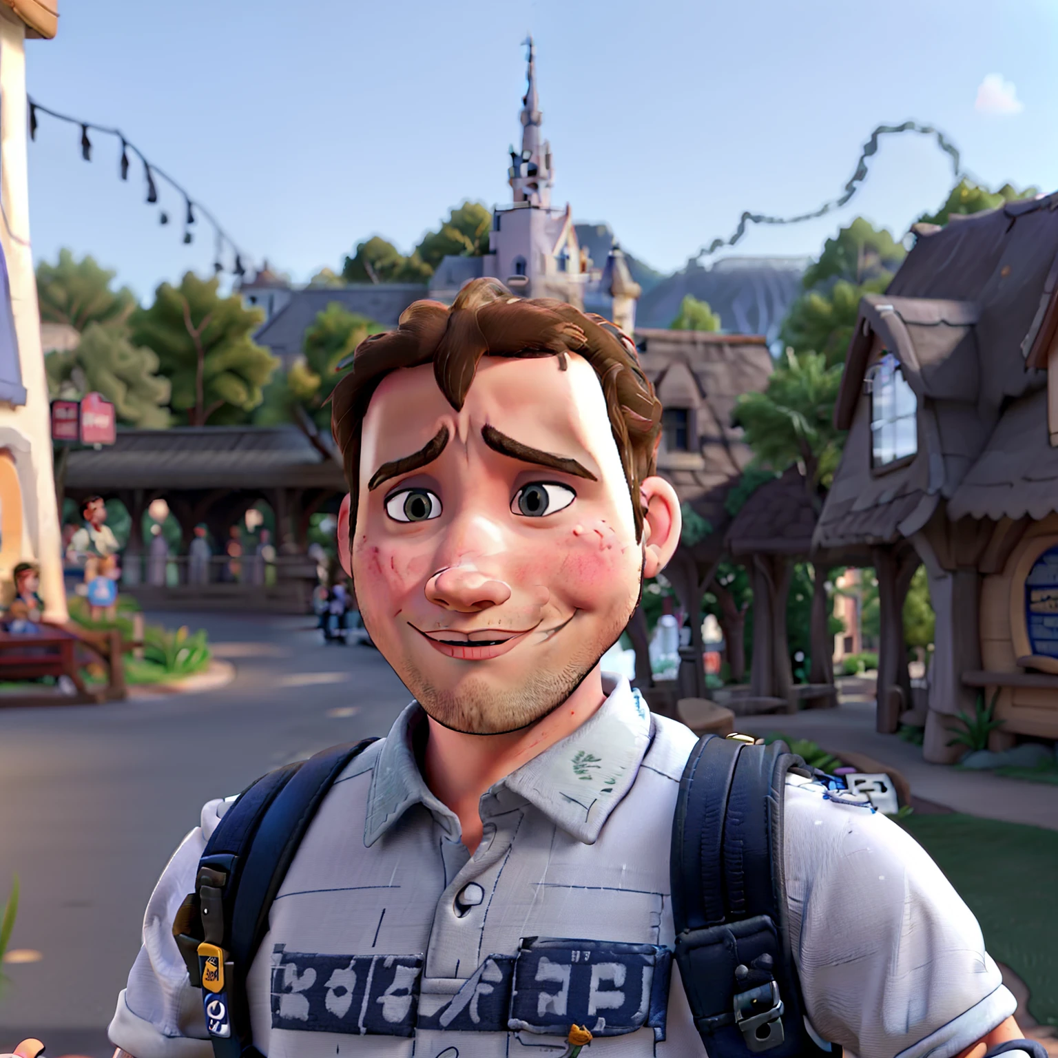 30 year old men, short hair, round face, no facial hair with a backpack. Change his shirt to a henley. Add a Disney theme park background