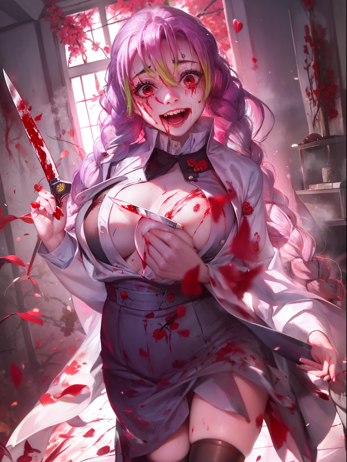 Unpleasant smile of a girl who loves knive、Psychopath horror,  big lips, blood on face, ((holding knife)), juicy lips, big boobs, holding knife by the handle, full body,red eyes long hair, ((mitsuri kanroji))