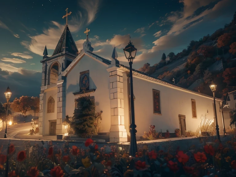 there is a white church with a clock tower and a lamppost, igreja, bispo do rosario, vista externa, monastery, vista Fora, visto de fora, rosalia vila i tobella, Arrendajo em Avila Pinewood, fora, vista frontal, vista frontal, idade, Completo - Vista, aldeia, igreja na madeira, catedral da igreja