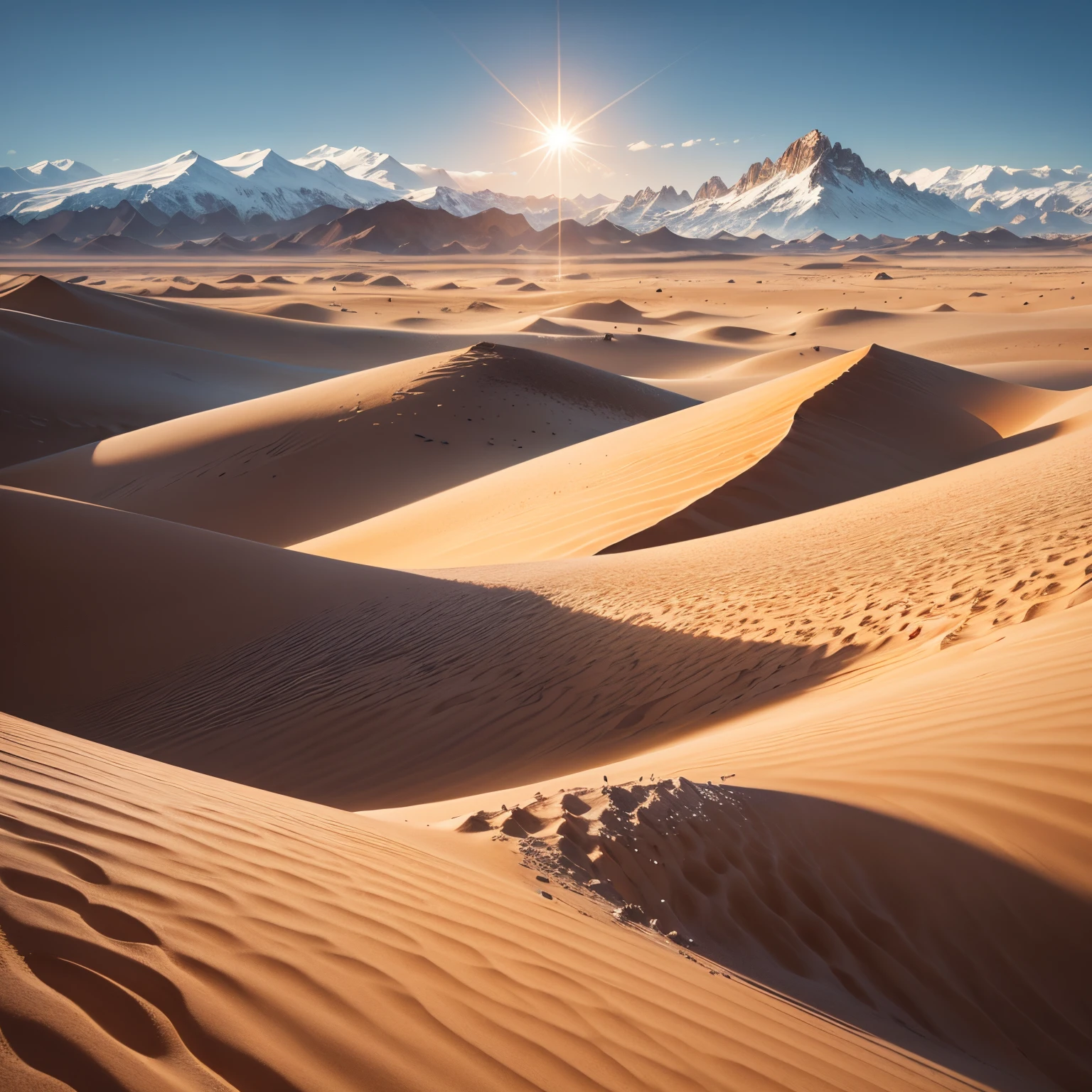 Sahara desert and snowy mountains of Peru, sand, snowflakes, white and brown colors, land and sea, sun and snow, detailed cactus, palm trees swaying in the wind, vibrant sunset over the mountain peaks, vast expanse of sand dunes, camel caravan traversing the desert, icy waterfalls cascading down the cliffs, snow-capped peaks, fluffy clouds in the sky, contrasting textures and temperatures, extreme heat and freezing cold, intricate patterns formed by the wind on the sand, jagged edges of the mountains, sparkling sunlight reflecting off the snow, serene and calm atmosphere, large waves crashing on the shore, colorful fish swimming in the clear blue sea, towering ice sculptures, traces of animal footprints in the sand, diversity of flora and fauna, vastness and grandeur of nature, hypnotizing silence interrupted only by the sound of wind and waves. 

(best quality,4k,8k,highres,masterpiece:1.2), ultra-detailed, realistic:1.37, HDR, UHD, studio lighting, extreme detail description, professional, vivid colors, sharp focus, physiologically-based rendering, portraits, landscape, contrasted color tones, dynamic lighting effects.