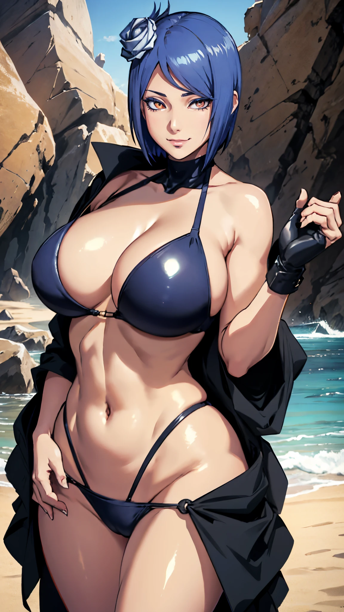 （8k, RAW photos,（1Female：1.1），female，（looki at viewer company），cowboy lens，Japanese，Xiaonan\（Naruto\），extremely giant , extremely giant chest,（latex bikini：1.1），La Brett piercing，cleile，Being red in the face, Dark blue hair,(((cut hair))), ((curvy body)), (thong bikini), ((beach))