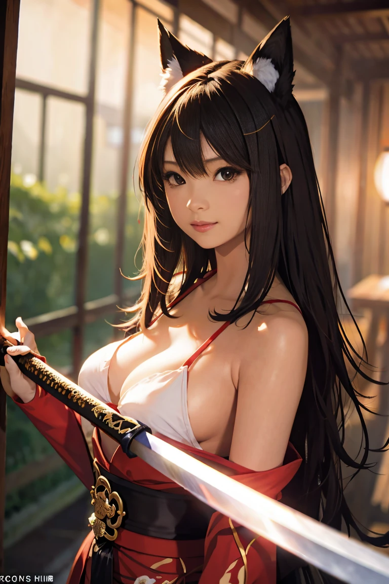fox incarnation、Sexy Female Warrior、Japan Yokai、Sexy fox female warrior with a Japanese sword、Fox ears、A figure holding a beautiful sword