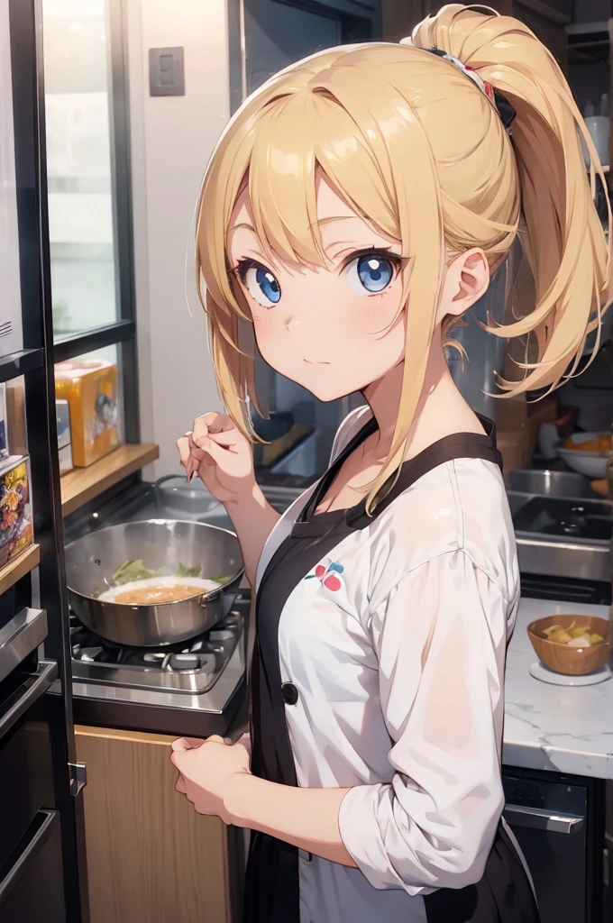 a chibi girl, art style: anime/manga, 1 girl, solo, blonde hair, deep blue eyes, and fair skin, japanese, casual cooking clothes, high quality image, she cooks, centered in the middle, background is white, her head is not trimmed of the created image from top