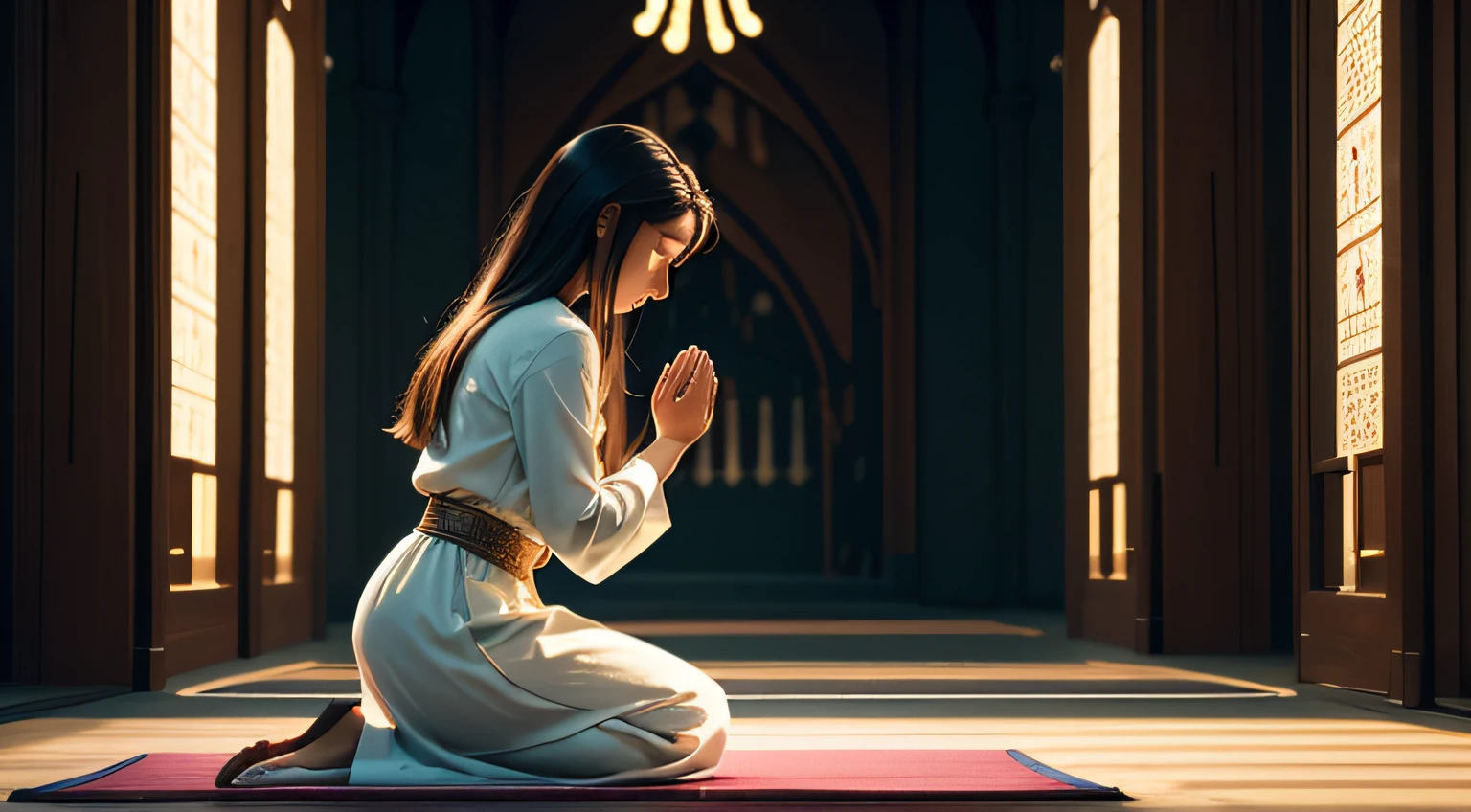A high definition image of a woman kneeling in prayer. The woman has a face of deep devotion, enquanto seu corpo reflete uma postura humilde e de busca a Deus'orientation. The image should convey a sense of peace, Serenity and devotion, capturing the essence of a woman who seeks the presence of God through prayer.