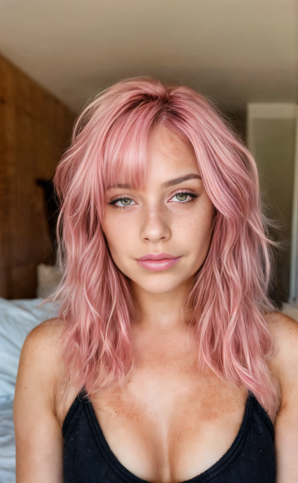 pink hair, long hair, beautiful woman, mole under lip, freckles on face