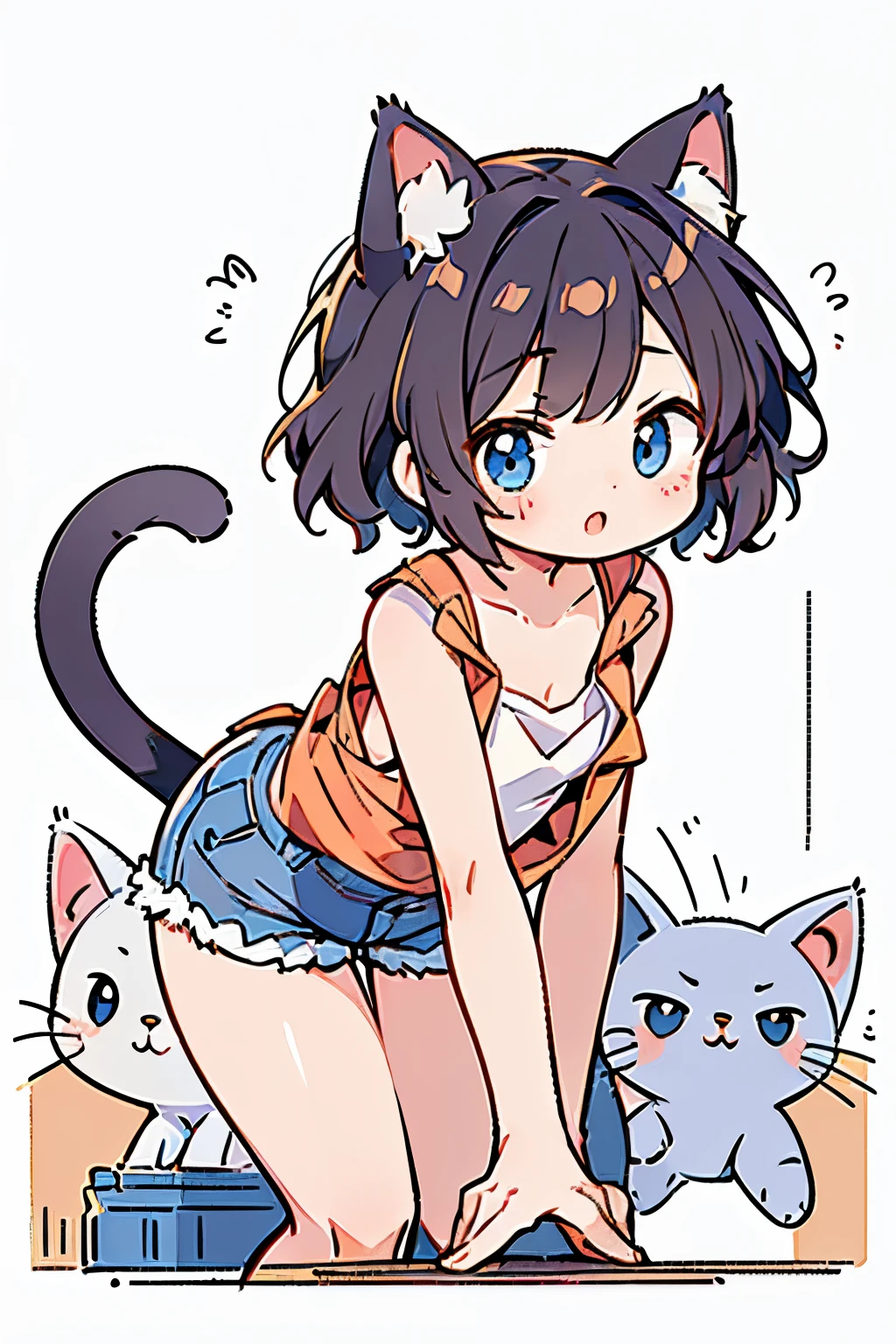 (masterpiece),(a  Girl anthropomorphizing a cute kitten, cute type)(child)i,cat ears,(with bright and happy expressions),looking at viewer,(leaning forward:1.5),(downblouse:1.5),(very loose tank top-shirt is very bare:1.5) ,Denim hot pants unzipped,