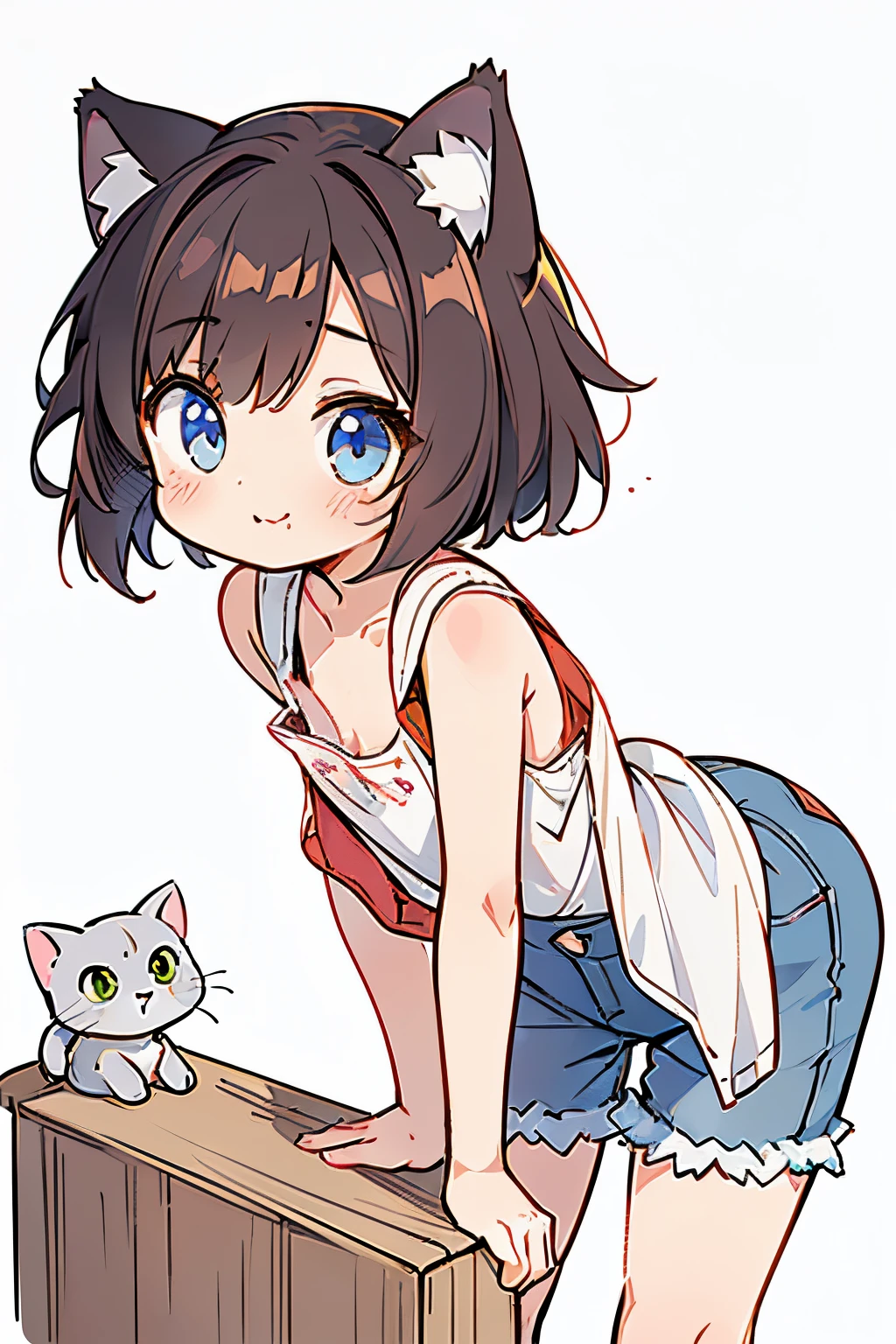 (masterpiece),(a little Girl anthropomorphizing a cute kitten, cute type)(child),chibi,cat ears,(with bright and happy expressions),looking at viewer,(leaning forward:1.5),(downblouse:1.5),(very loose tank top-shirt is very bare:1.5) ,Denim hot pants unzipped,