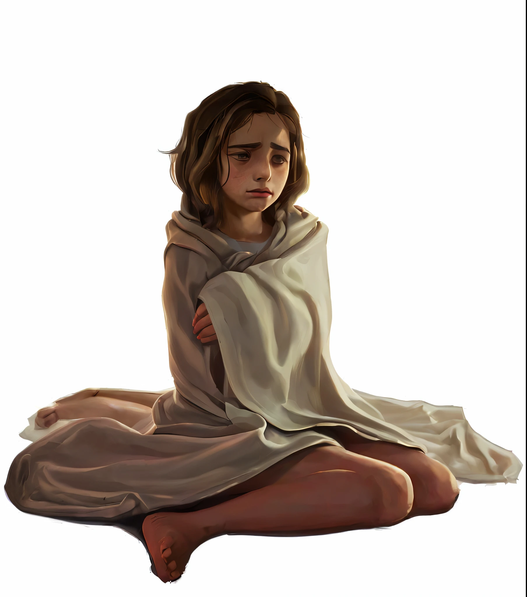painting of a 10 years old girl sitting on the ground with a blanket over her shoulders, cloaked girl, covered with blanket, emotional concept art, digitally painted, wearing a flowing cloak, young girl, child, 10 years old child, worried expression