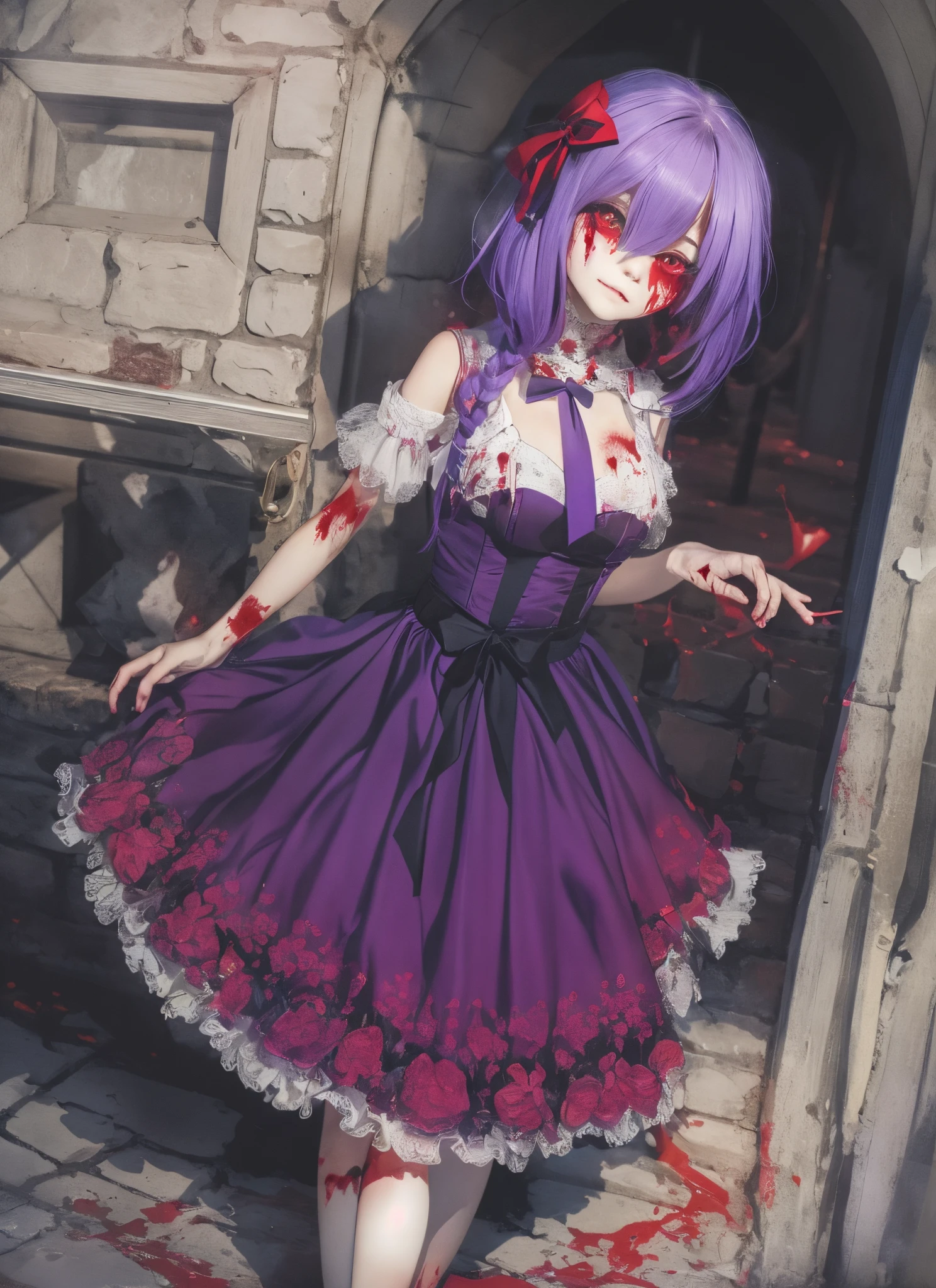 Girl, purple hair, red and white dress, Holes for Eyes, bleeding eyes, Horror, red bow in the hair