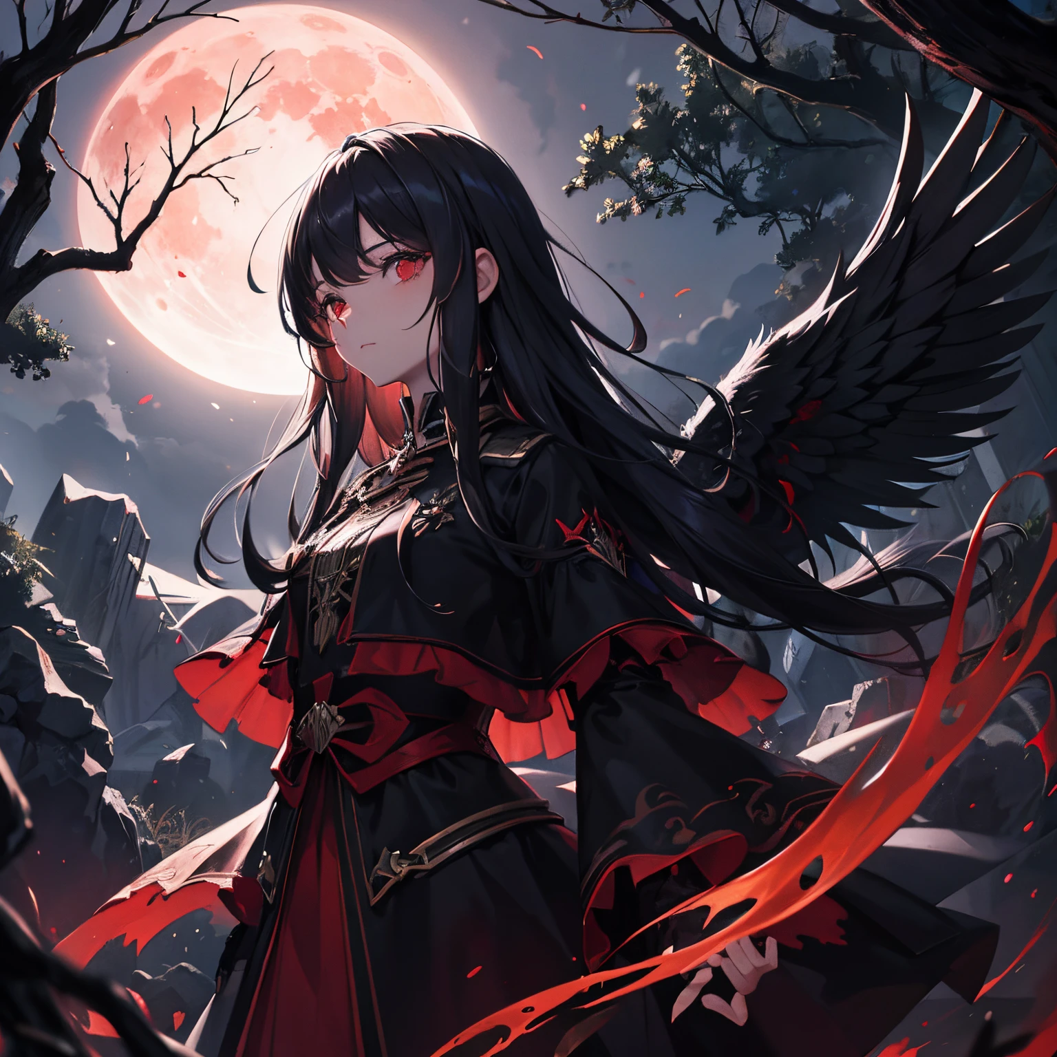 A fallen angel man, com asas negras, olhar neutro, In the darkness, olhando para o viwer, like a blood moon in the sky, This angel is among the trees