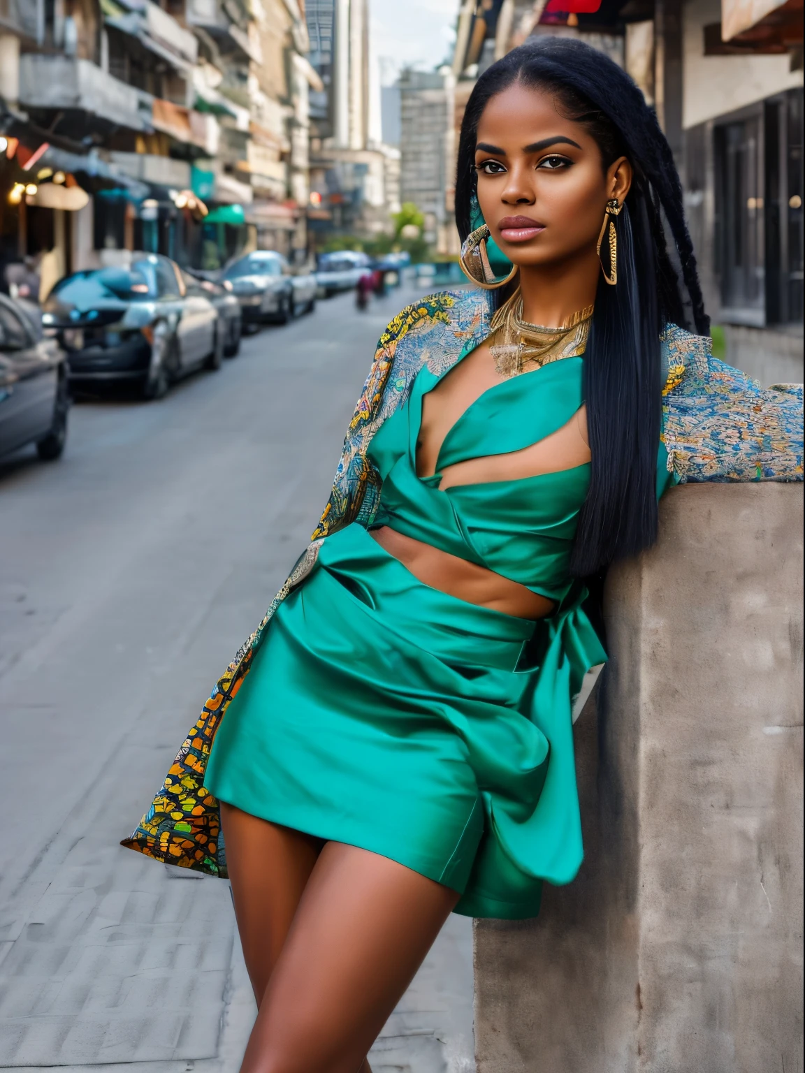 (8k, highest quality, ultra detailed:1.37), (Nyla), 18yo, (a stylish African-Brazilian), showcases her unique fashion sense in a trendy urban setting. She wears a chic ensemble, combining modern pieces with cultural influences. The high-resolution image captures ultra-detailed realism, highlighting Nyla's confident pose, captivating eyes, and flawless complexion. The dynamic backdrop of the cityscape adds an urban touch, creating a visually stunning representation of Nyla's style and individual expression.