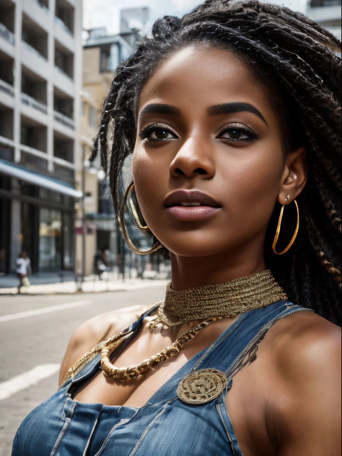 (8k, highest quality, ultra detailed:1.37), (Nyla), 18yo, (a stylish African-Brazilian), showcases her unique fashion sense in a trendy urban setting. She wears a chic ensemble, combining modern pieces with cultural influences. The high-resolution image captures ultra-detailed realism, highlighting Nyla's confident pose, captivating eyes, and flawless complexion. The dynamic backdrop of the cityscape adds an urban touch, creating a visually stunning representation of Nyla's style and individual expression.