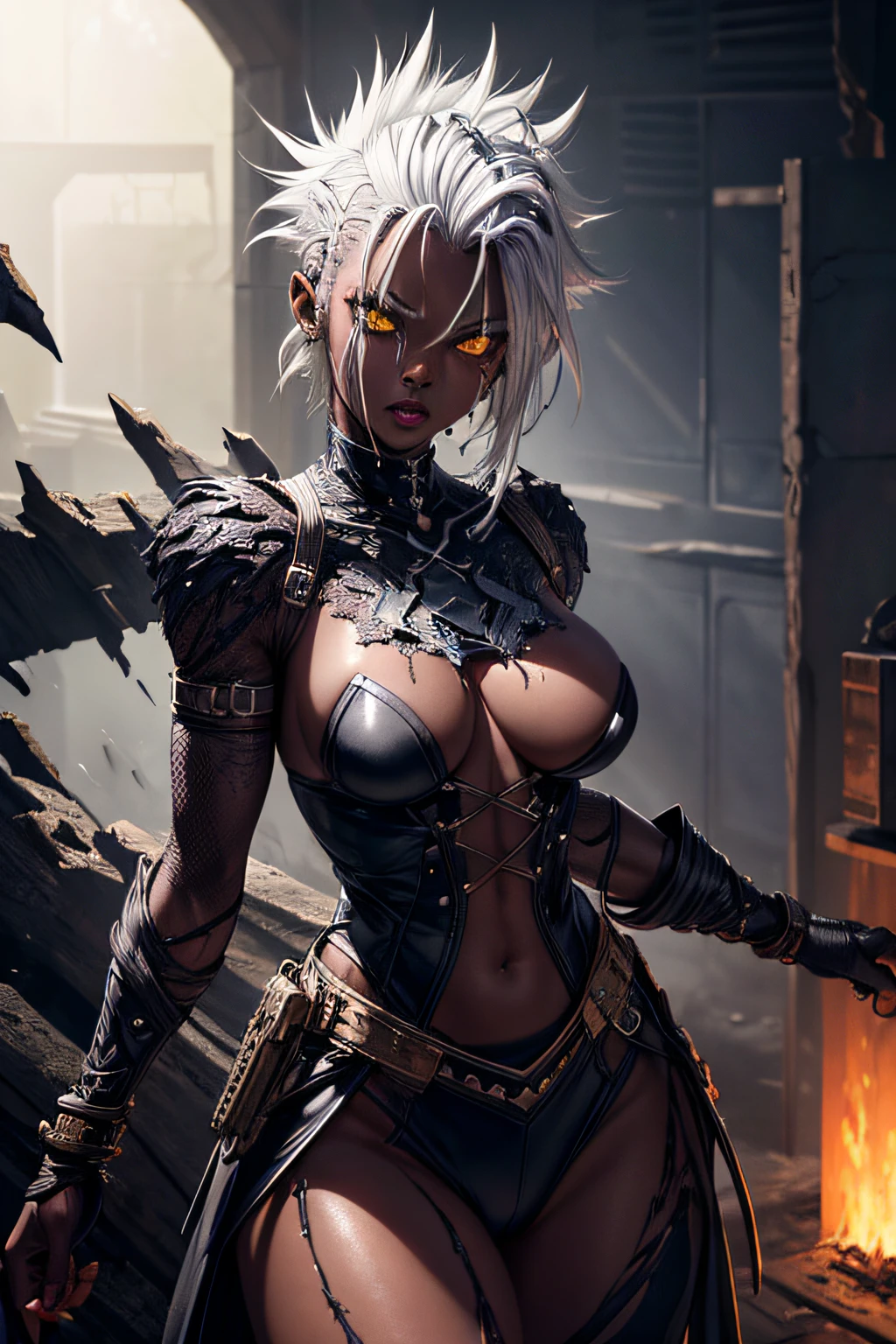 dead rotting zombie girl, african girl, black skin, Superhero Storm from X-Men, white hair mohawk haircut, shaven sides of the head, white glowing eyes, wlieding lightning, evil vilanious look, menacing, bloody, bloodthirsty, ripped clothes, torn apart costume, combat stance, highly detailed, vibrant appearance, creative behavior, extremly detailed, imaginative, sensual, spontaneous, highest quality, skin texture, intricate details, (cinematic lighting), RAW photo, 8k, masterpiece,best quality,ultra-detailed,very detailed illustrations,extremely detailed,intricate details,highres,super complex details,extremely detailed 8k cg wallpaper,