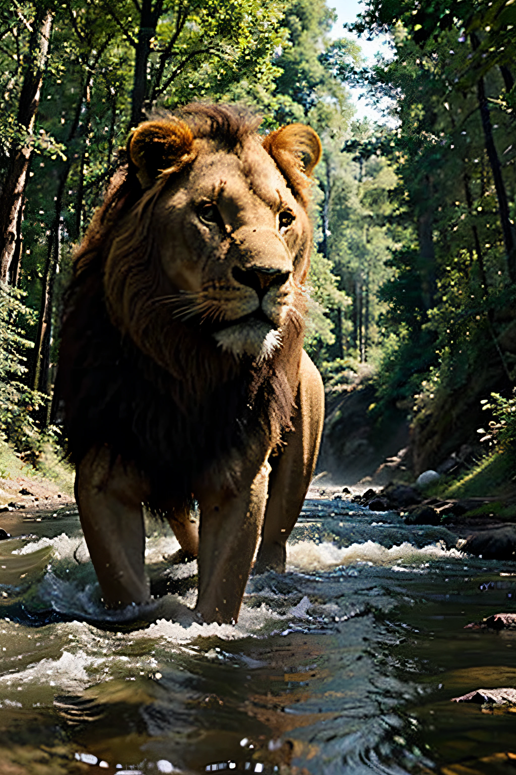creates the image of a big lion in a forest and a river running through the forest 8k realistic.