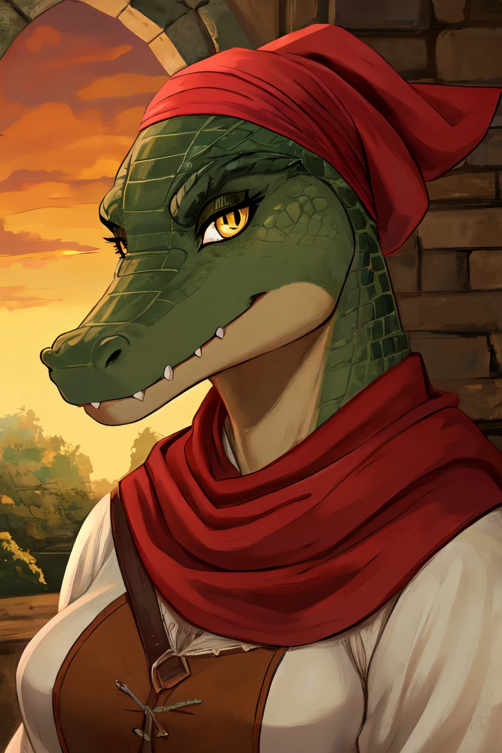 Alligator, Woman, friendly looking, medieval clothes. yellow eyes, muscular body, no hair, doo rag, dark green scales